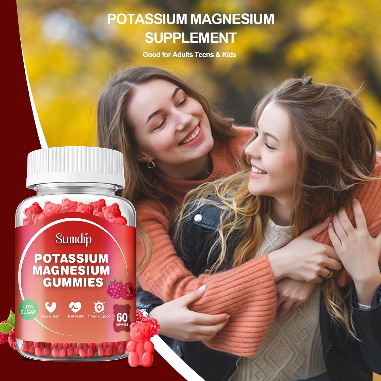 Raspberry Potassium Magnesium Gummies for Leg Cramps and Muscle Relaxation, High Absorption, 60 Gummies