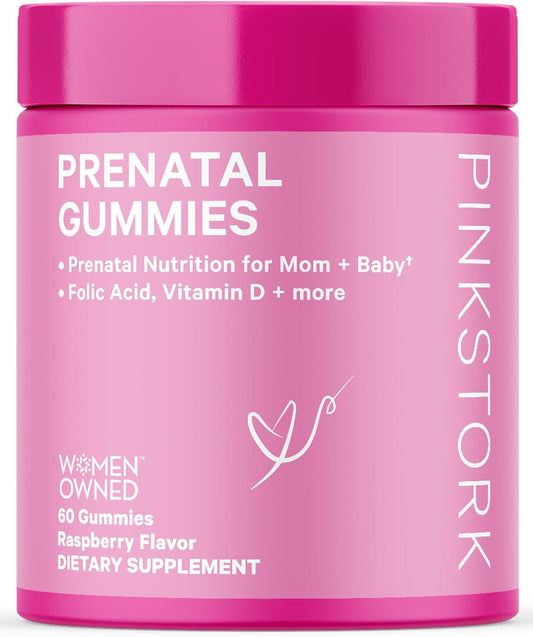 Raspberry Prenatal Vitamin Gummies with Folic Acid, Vitamin D, & B6 for Women - Supports Fetal Development & Morning Sickness - 60 Count