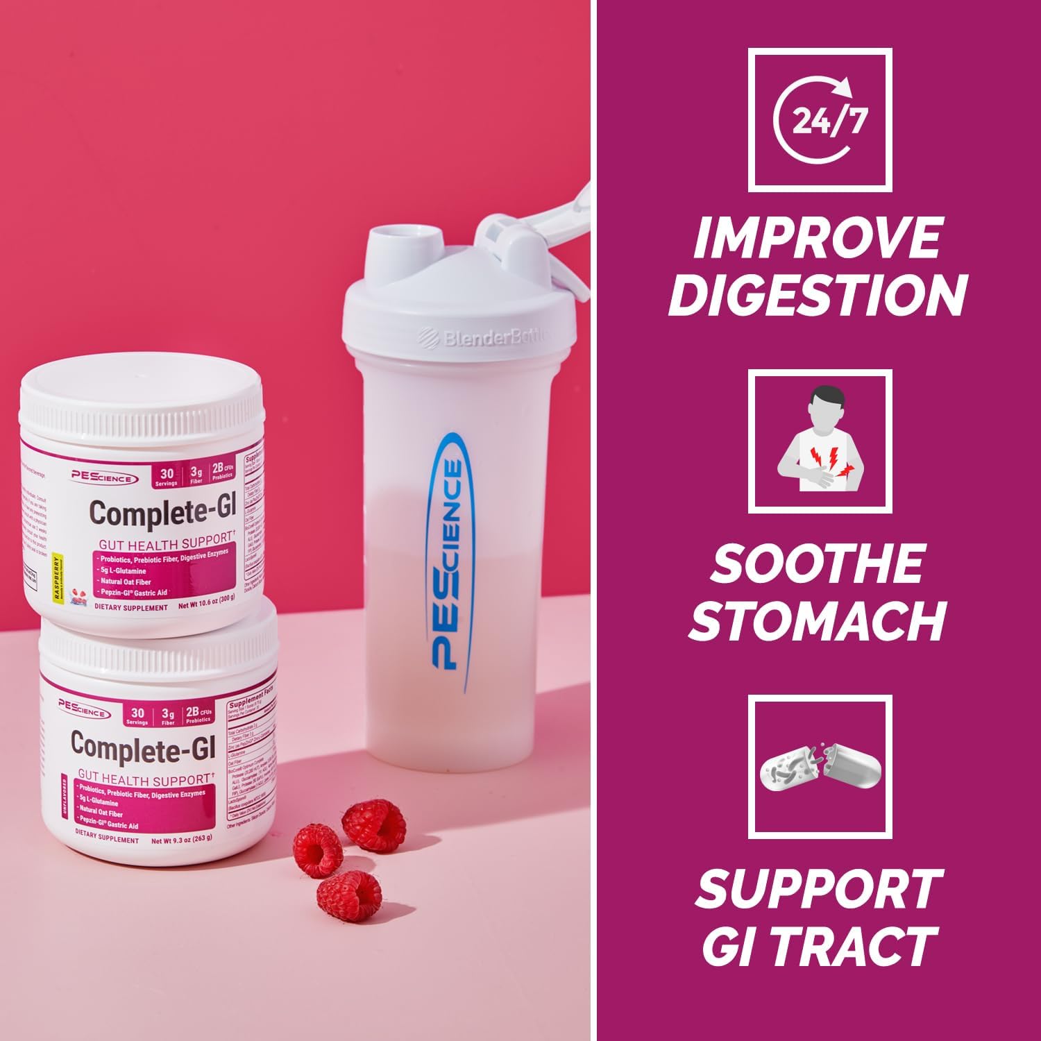 Raspberry Probiotic Powder with Digestive Enzymes and Prebiotic Fiber - 30 Servings