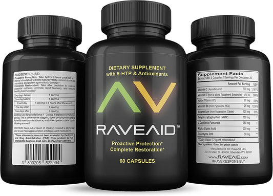 Rave Aid Supplement - Trusted Since 2011 for Preventing Comedowns, Reducing Jaw Clenching & Neurotoxicity | Party & Rave Recovery Cure (60 Capsules)