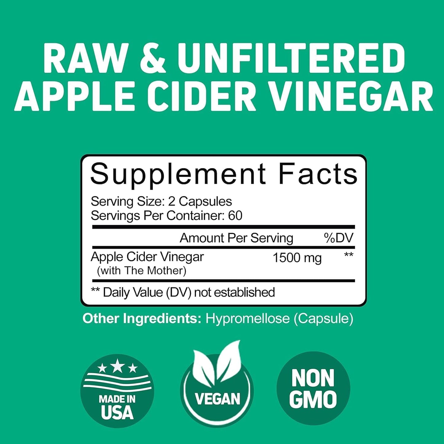 Raw Apple Cider Vinegar Capsules with Mother - Detox & Cleanse Formula for Weight Management & Digestive Health - Non-GMO - 240 Capsules