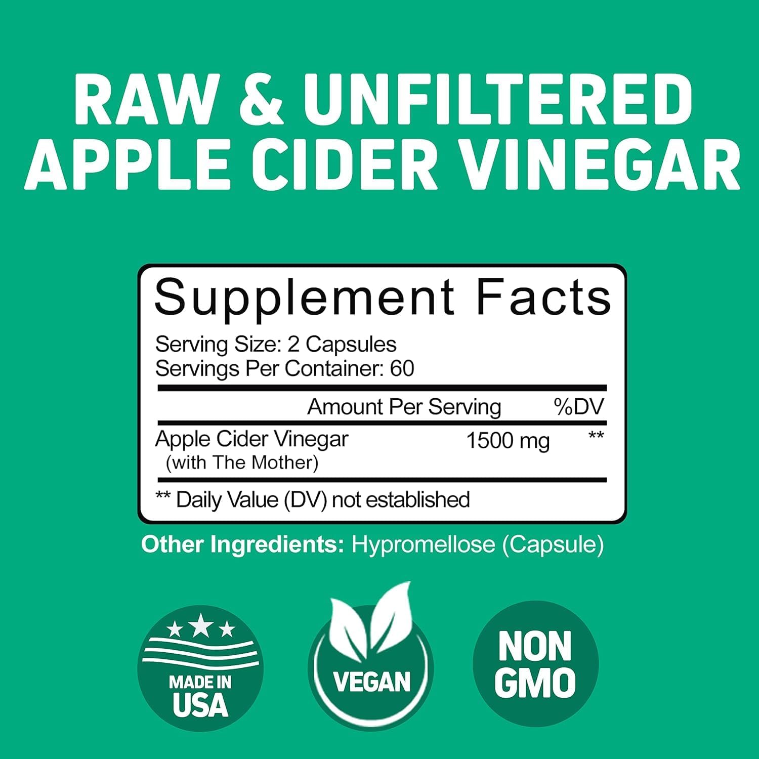 Raw Apple Cider Vinegar Capsules with Mother - Detox & Cleanse Formula for Weight Management & Digestive Health - Non-GMO - 240 Capsules