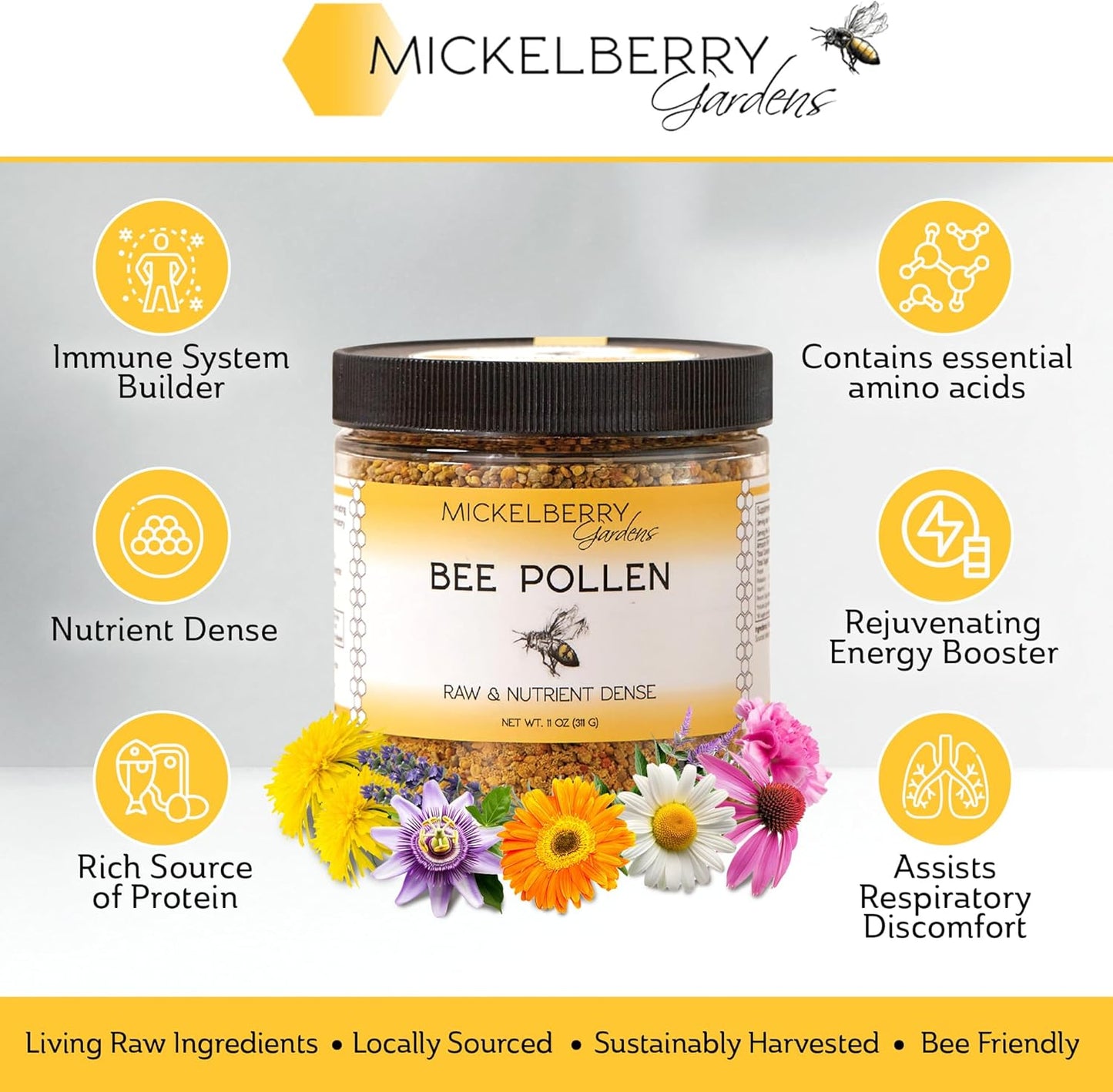 Raw Bee Pollen Granules - Superfood with Protein, Vitamins, Minerals & Antioxidants - 6 Oz - Mickelberry Gardens