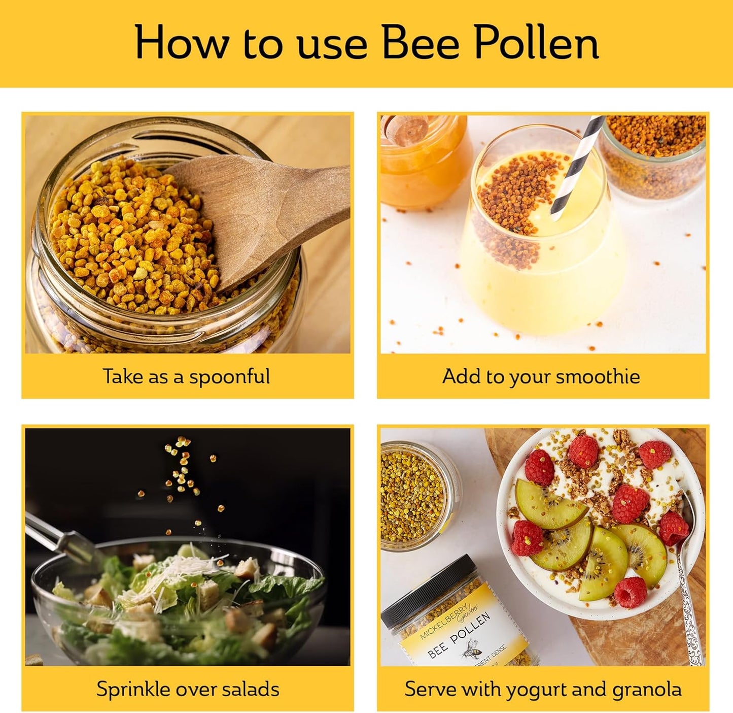 Raw Bee Pollen Granules - Superfood with Protein, Vitamins, Minerals & Antioxidants - 6 Oz - Mickelberry Gardens