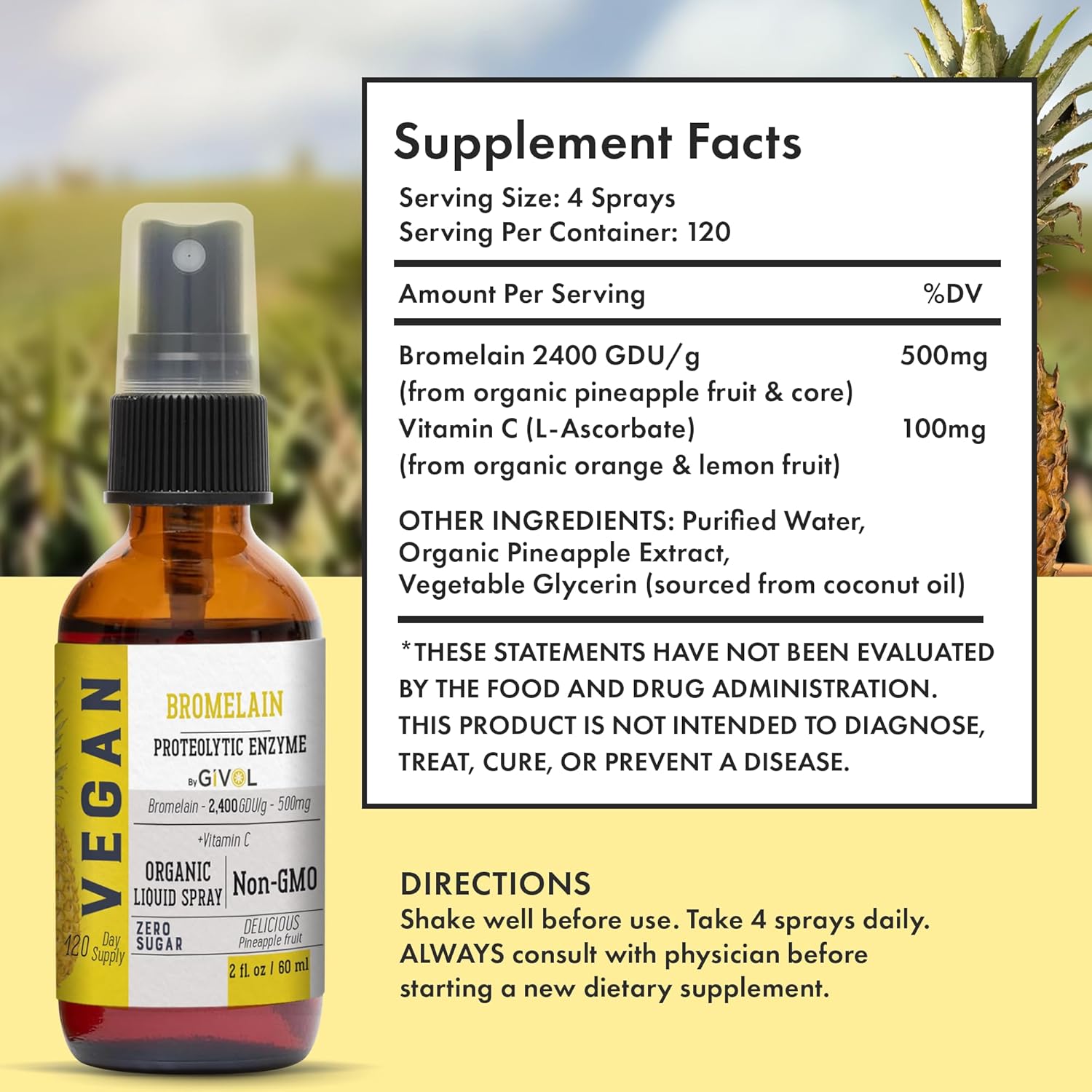 Raw Bromelain Mist-Liquid Pineapple Extract with Vitamin C - 500mg Potency Spray for Daily Protein Support and Wellness