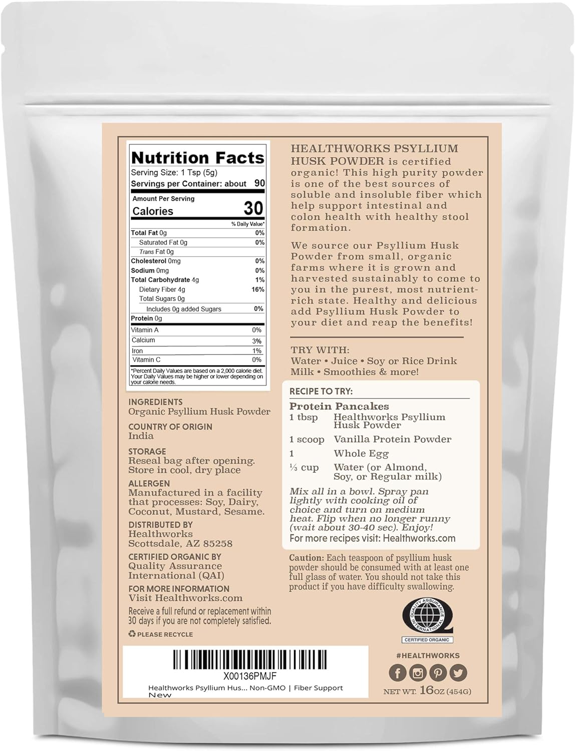 Raw Certified Organic Psyllium Husk Powder - 16 Ounces from India | Keto, Vegan & Non-GMO | Fiber Support Supplement