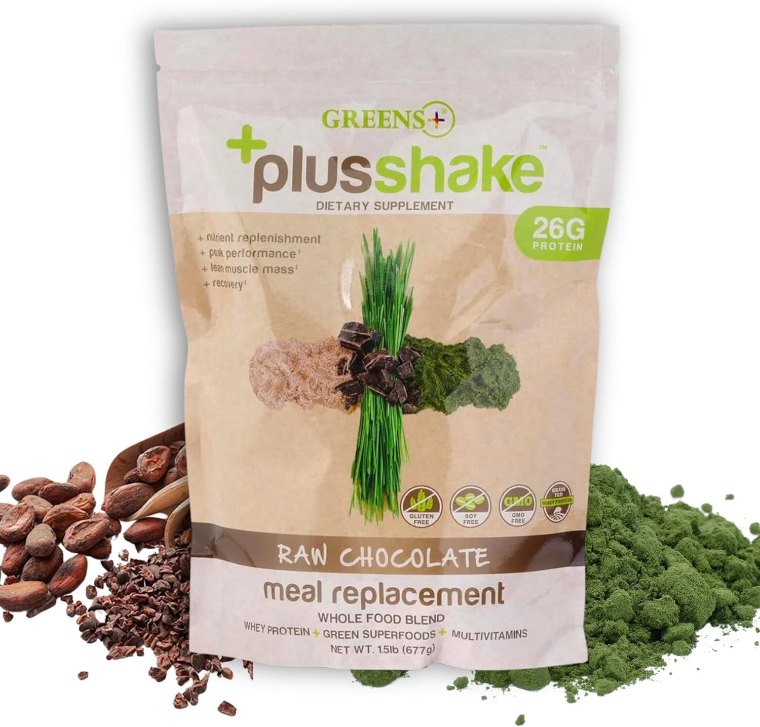 Raw Chocolate Grass Fed Whey Protein Powder with Greens - Meal Replacement Superfood Shake | Non-GMO | Gluten & Soy Free | 27g Protein | 1.5 lb Bag