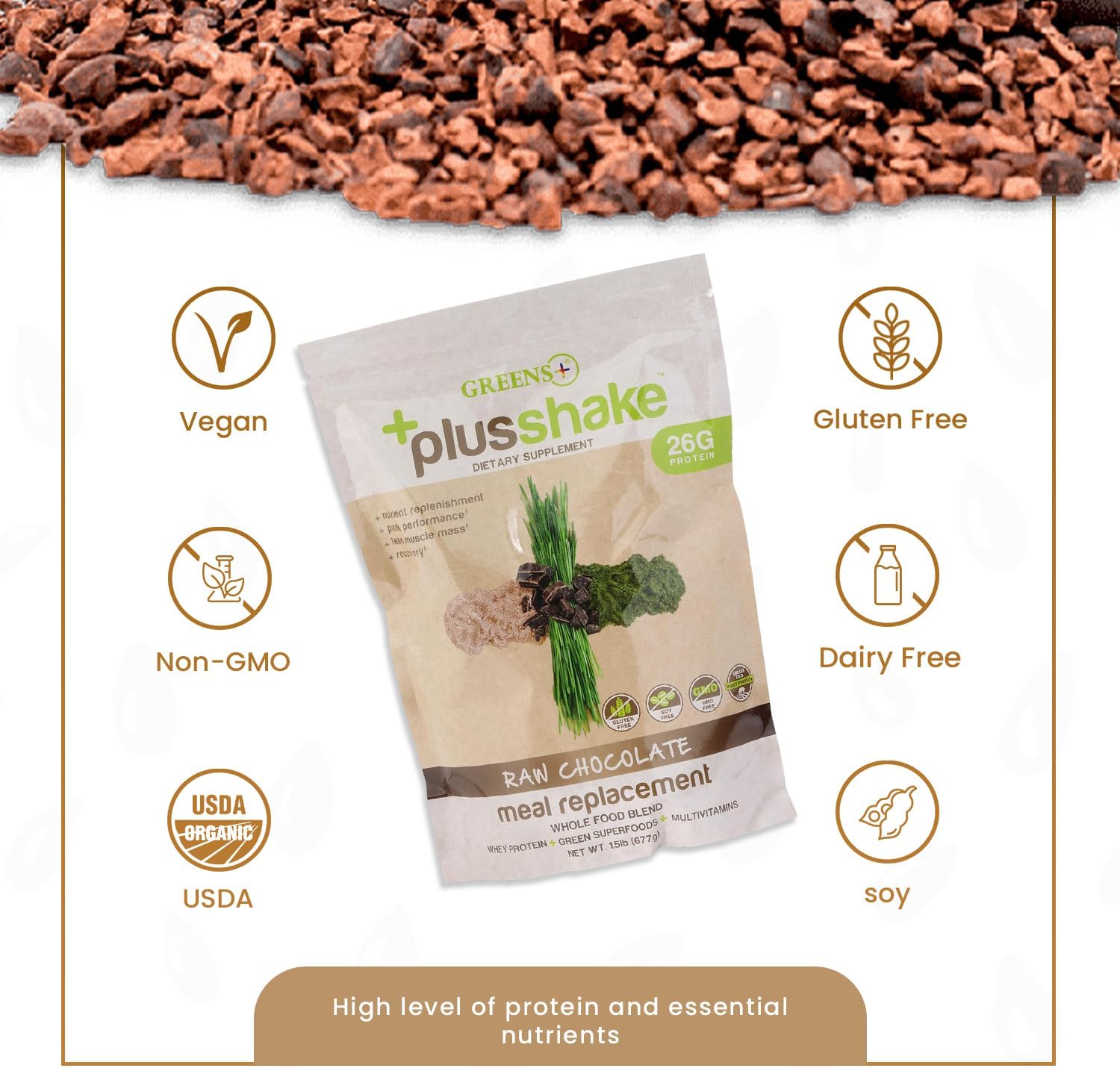 Raw Chocolate Grass Fed Whey Protein Powder with Greens - Meal Replacement Superfood Shake | Non-GMO | Gluten & Soy Free | 27g Protein | 1.5 lb Bag
