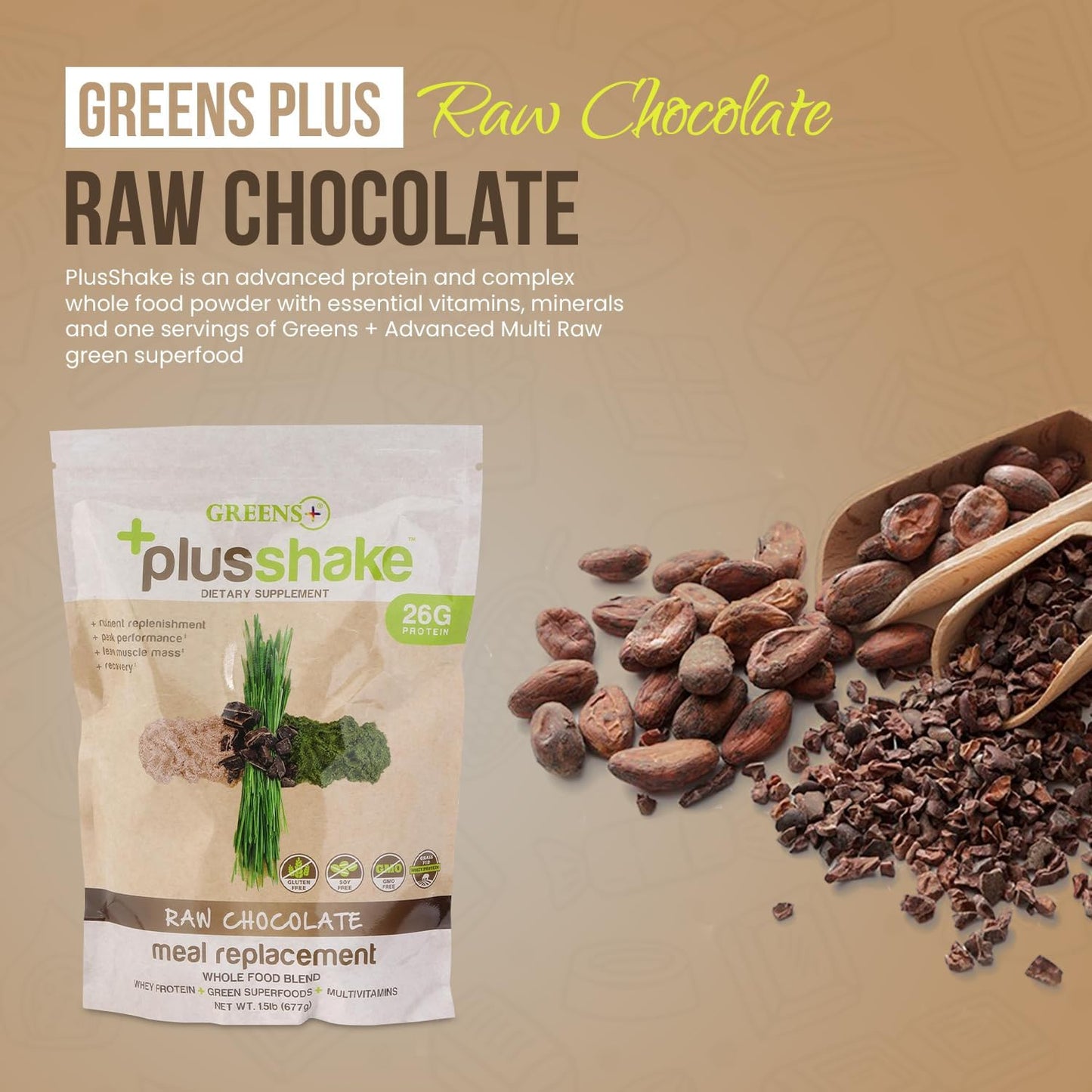 Raw Chocolate Grass Fed Whey Protein Powder with Greens - Meal Replacement Superfood Shake | Non-GMO | Gluten & Soy Free | 27g Protein | 1.5 lb Bag