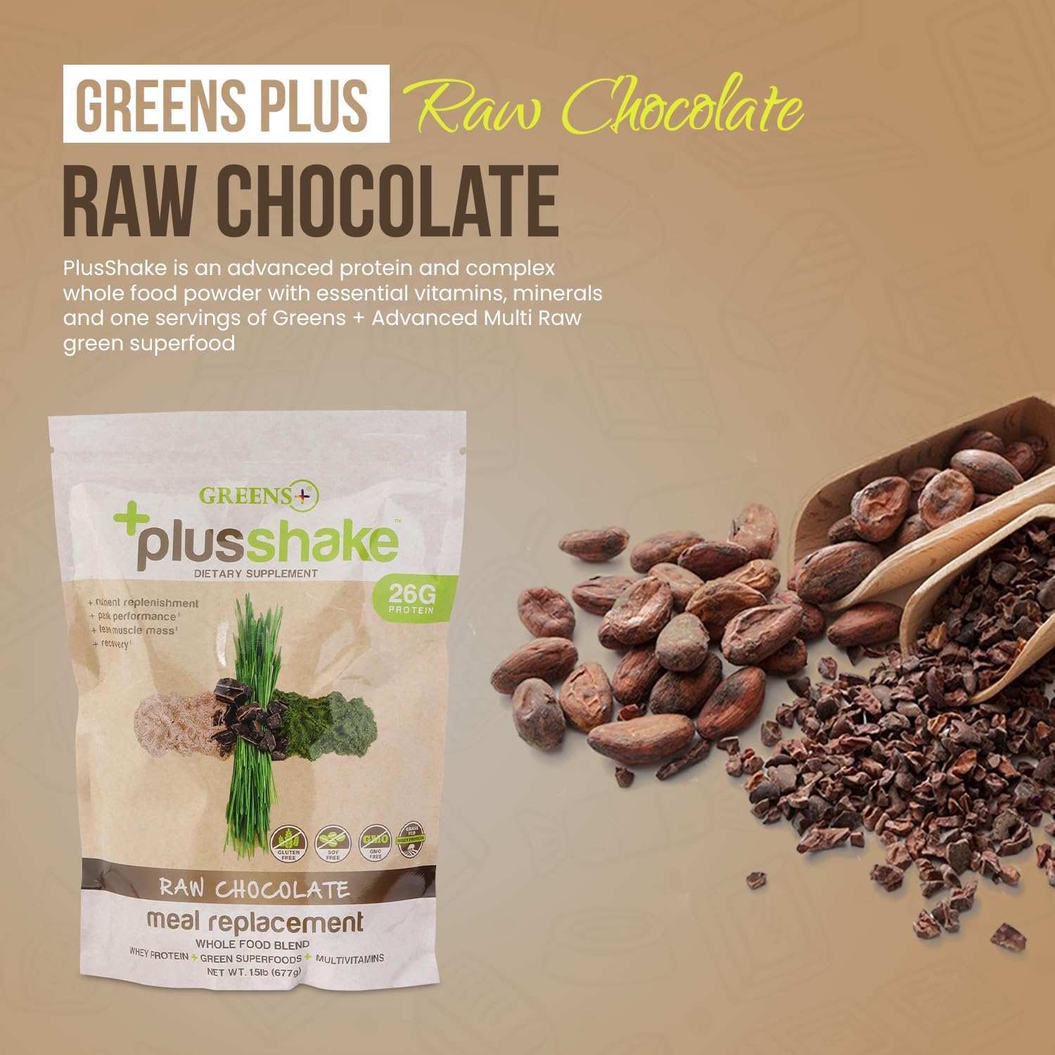 Raw Chocolate Grass Fed Whey Protein Powder with Greens - Meal Replacement Superfood Shake | Non-GMO | Gluten & Soy Free | 27g Protein | 1.5 lb Bag