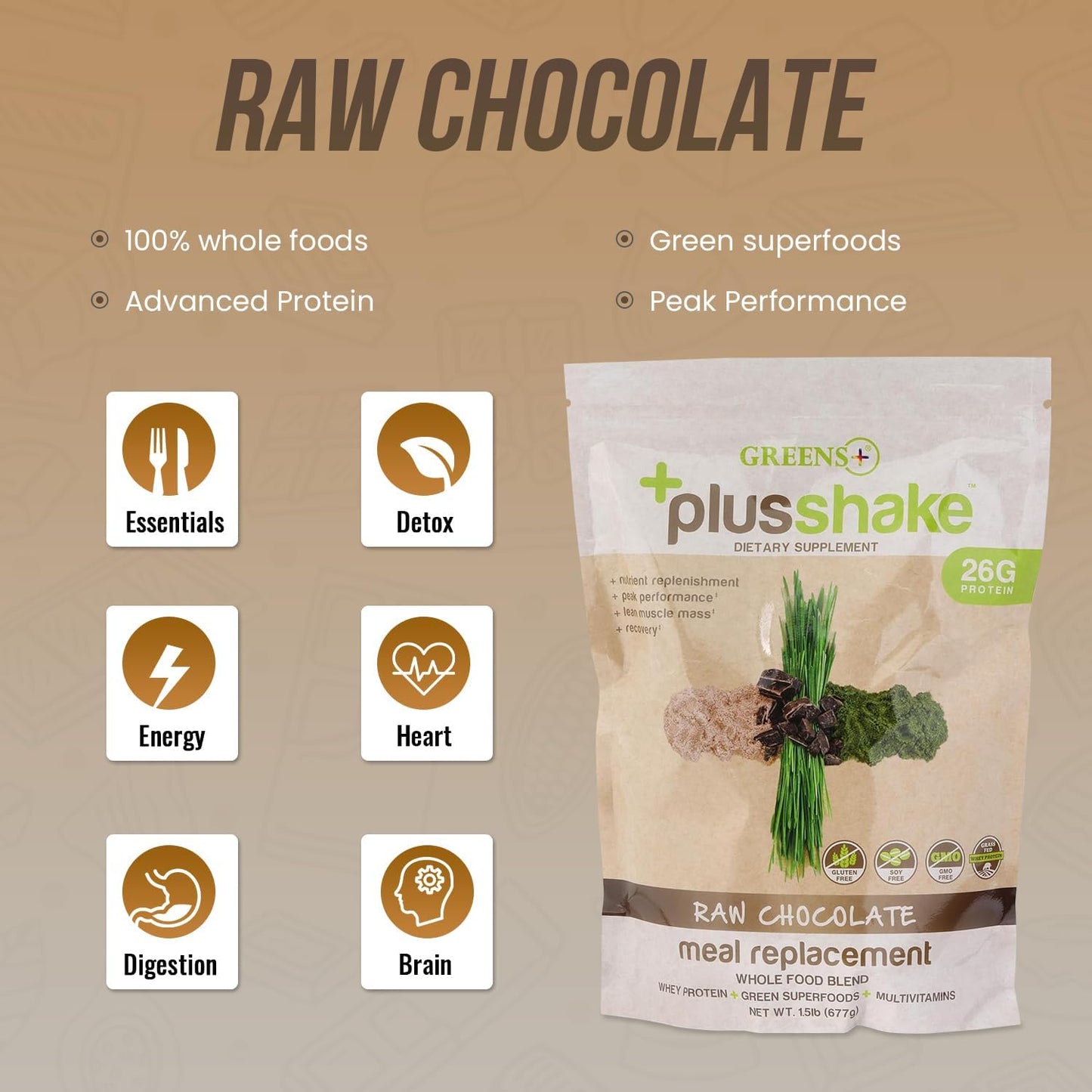 Raw Chocolate Grass Fed Whey Protein Powder with Greens - Meal Replacement Superfood Shake | Non-GMO | Gluten & Soy Free | 27g Protein | 1.5 lb Bag