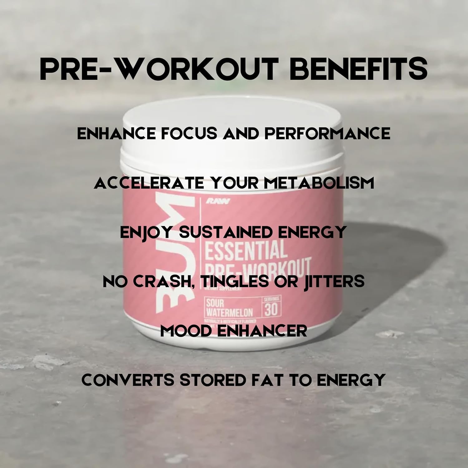 RAW Essential Pre-Workout Powder - CBUM Formula for Men & Women - Energy, Muscle Pump, Focus, Stamina, Strength, Endurance & Performance - Sour Watermelon Flavor - 1.79 lbs