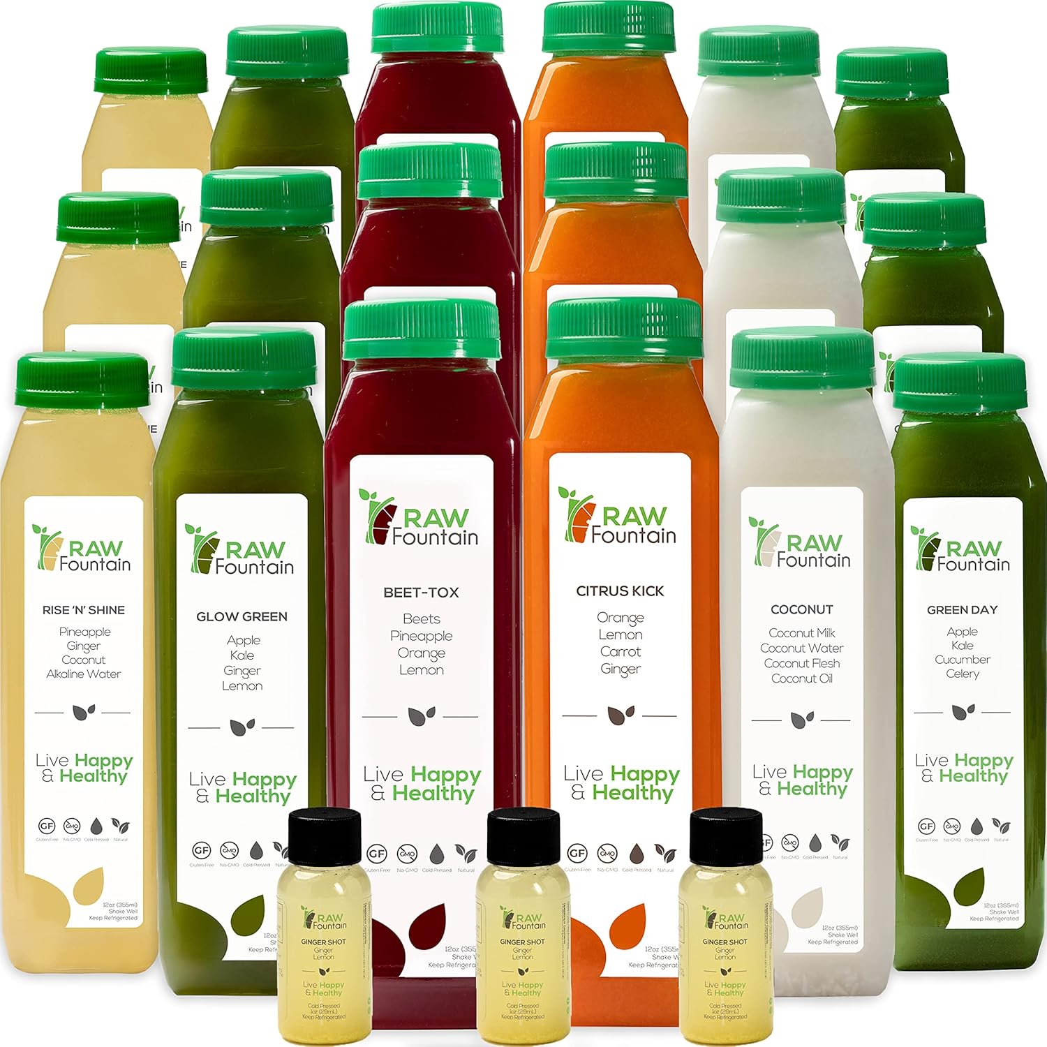 Raw Fountain 3 Day Juice Cleanse: All Natural Detox for Weight Management, Cold Pressed Fast, 18 Bottles - 12oz, Includes 3 Ginger Shots