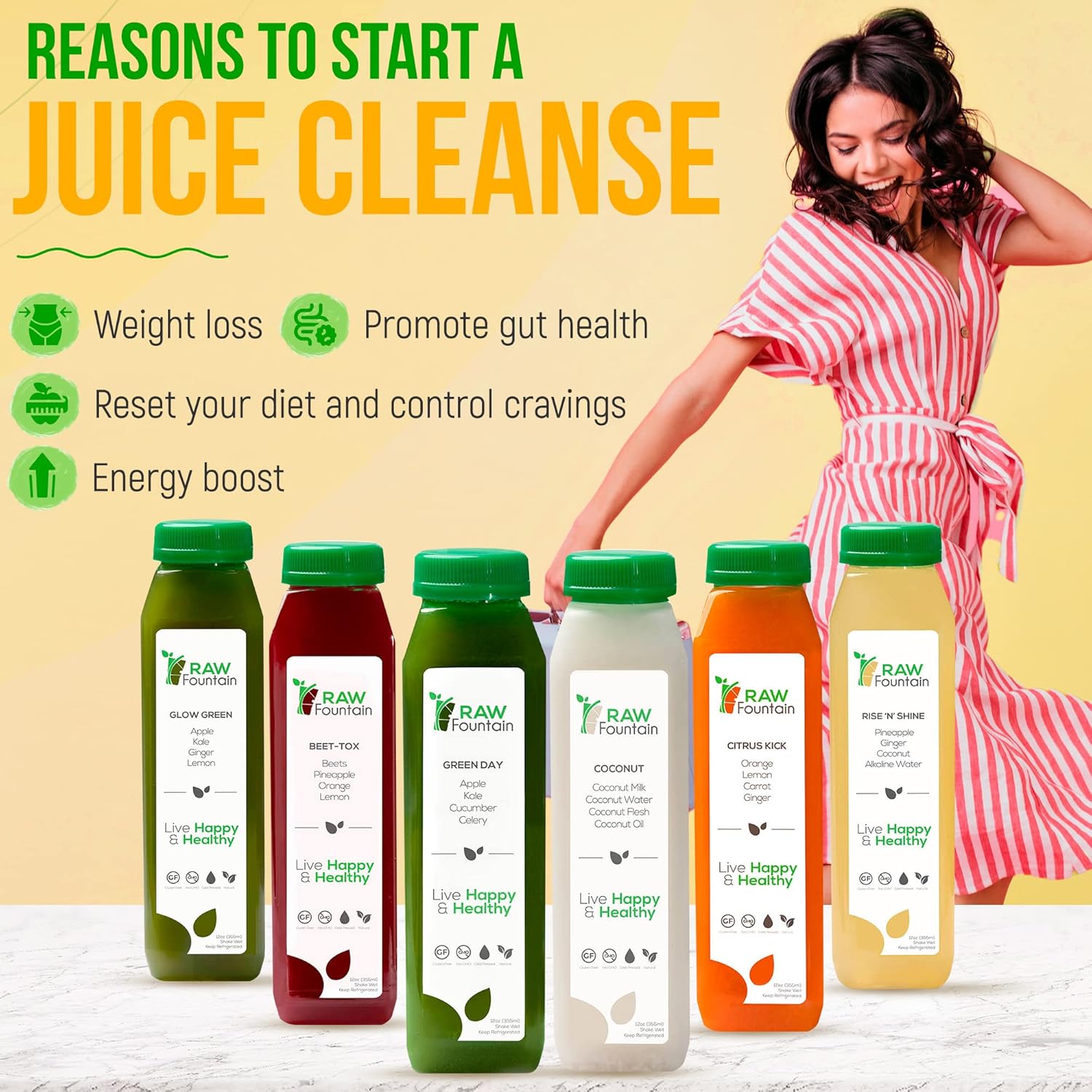 Raw Fountain 3 Day Juice Cleanse: All Natural Detox for Weight Management, Cold Pressed Fast, 18 Bottles - 12oz, Includes 3 Ginger Shots