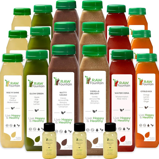 Raw Fountain 5-Day Protein Juice Cleanse: All Natural Detox with Cold Pressed Fruits, Vegetables, Vanilla & Chocolate - 30 Bottles, 12oz, Includes 3 Ginger Shots