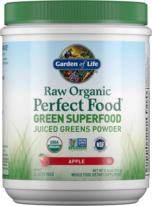 Raw Organic Perfect Food Green Superfood Juiced Greens Powder - Apple Flavor, 30 Servings - Vegan Gluten Free Supplement with Probiotics & Enzymes by Garden of Life