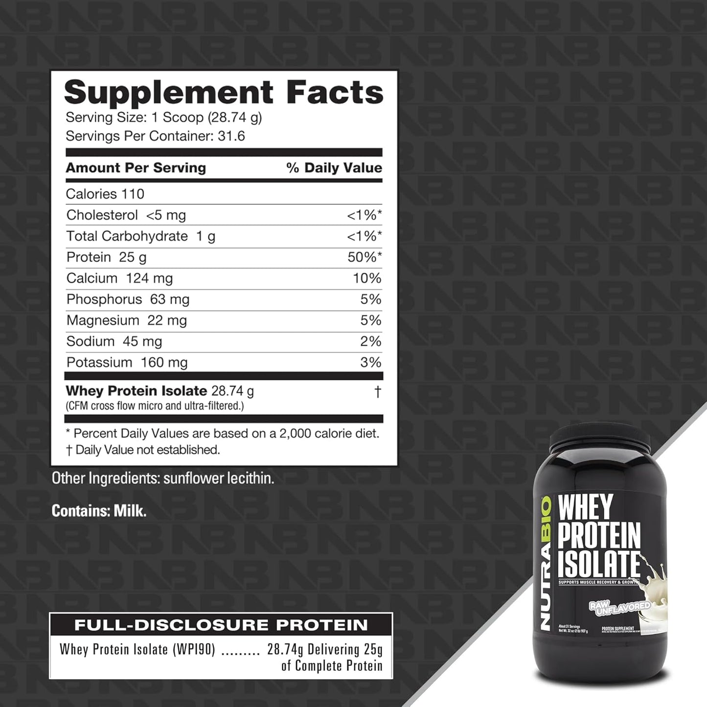 Raw Unflavored NutraBio Whey Protein Isolate Powder - 25g Protein Per Scoop - Complete Amino Acid Profile - Soy & Gluten Free - Non-GMO - 2 Lbs.
