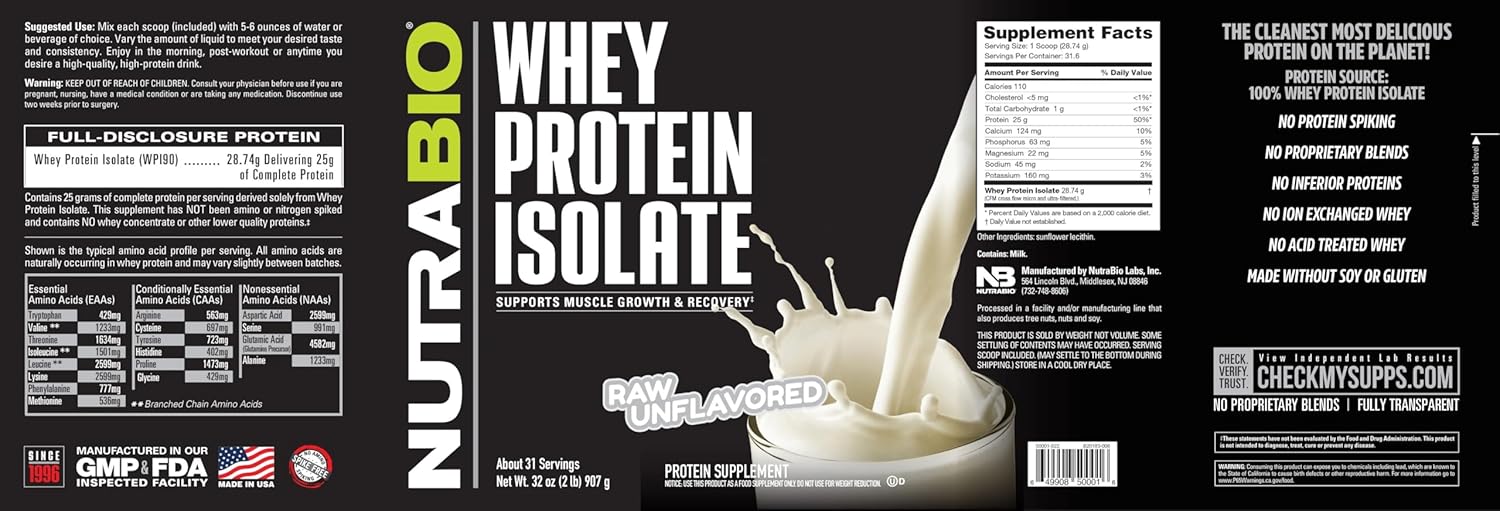 Raw Unflavored NutraBio Whey Protein Isolate Powder - 25g Protein Per Scoop - Complete Amino Acid Profile - Soy & Gluten Free - Non-GMO - 2 Lbs.