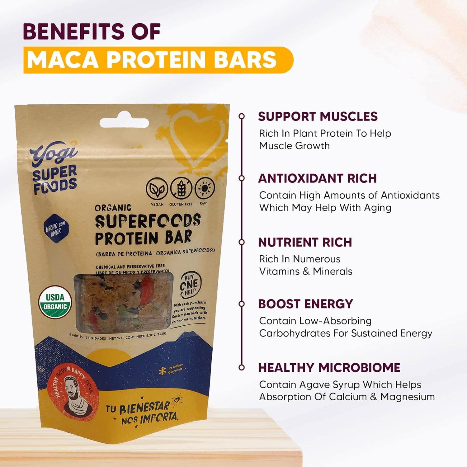 Raw Vegan Maca Protein Bars with Cacao and Plant Protein - Gluten Free Superfood Snack Bars for Healthy Energy - 4 Bars