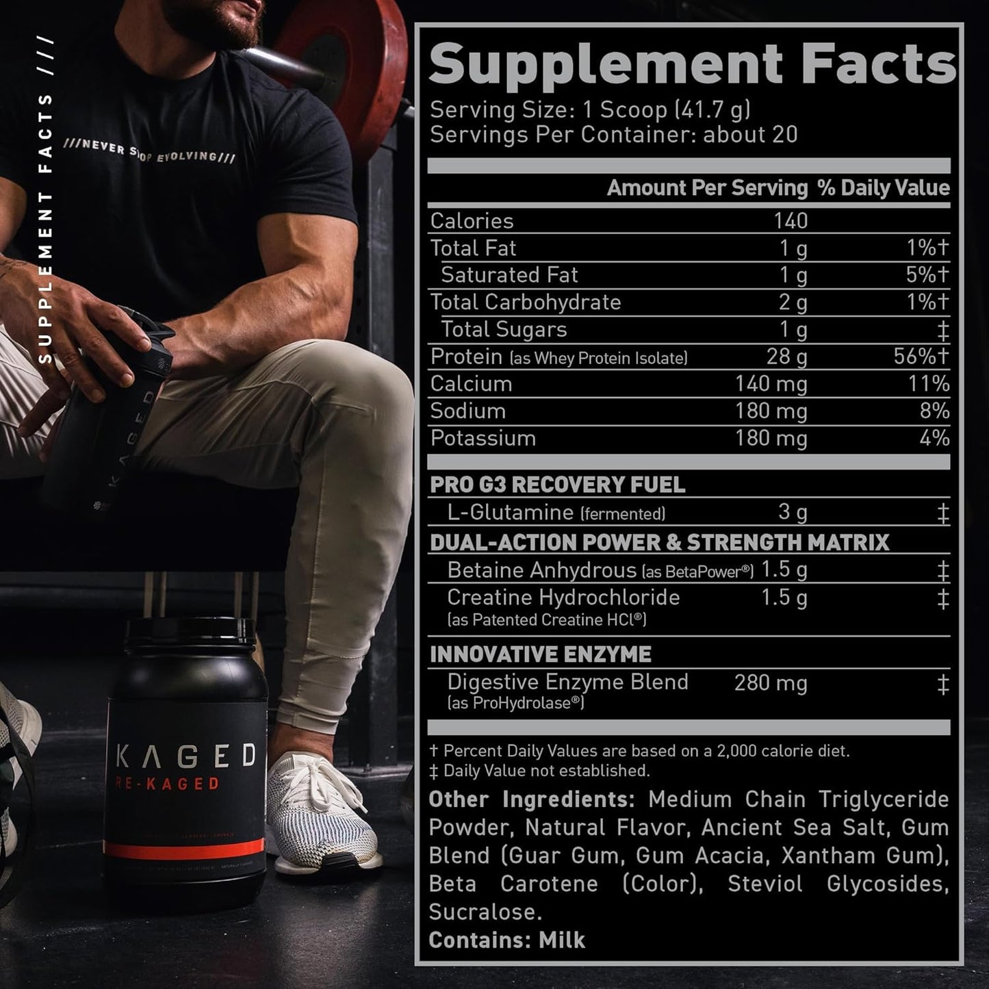 Re-Kaged Orange Cream Post Workout Protein Powder with 28g Whey Protein for Muscle Growth & Recovery - Low Sugar, 20 Servings