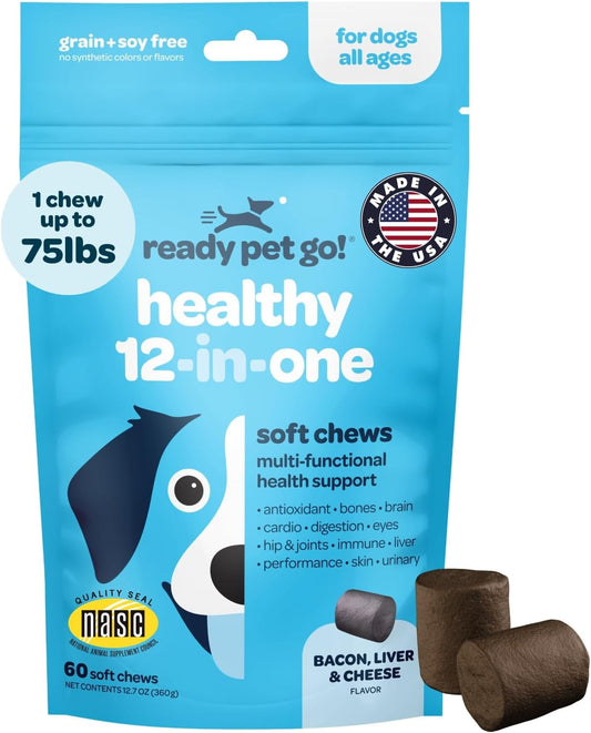 Ready Pet Go! 12-in-1 Dog Multivitamin Chewable with Glucosamine, Probiotics | NASC Certified, Made in USA | 60 Chews