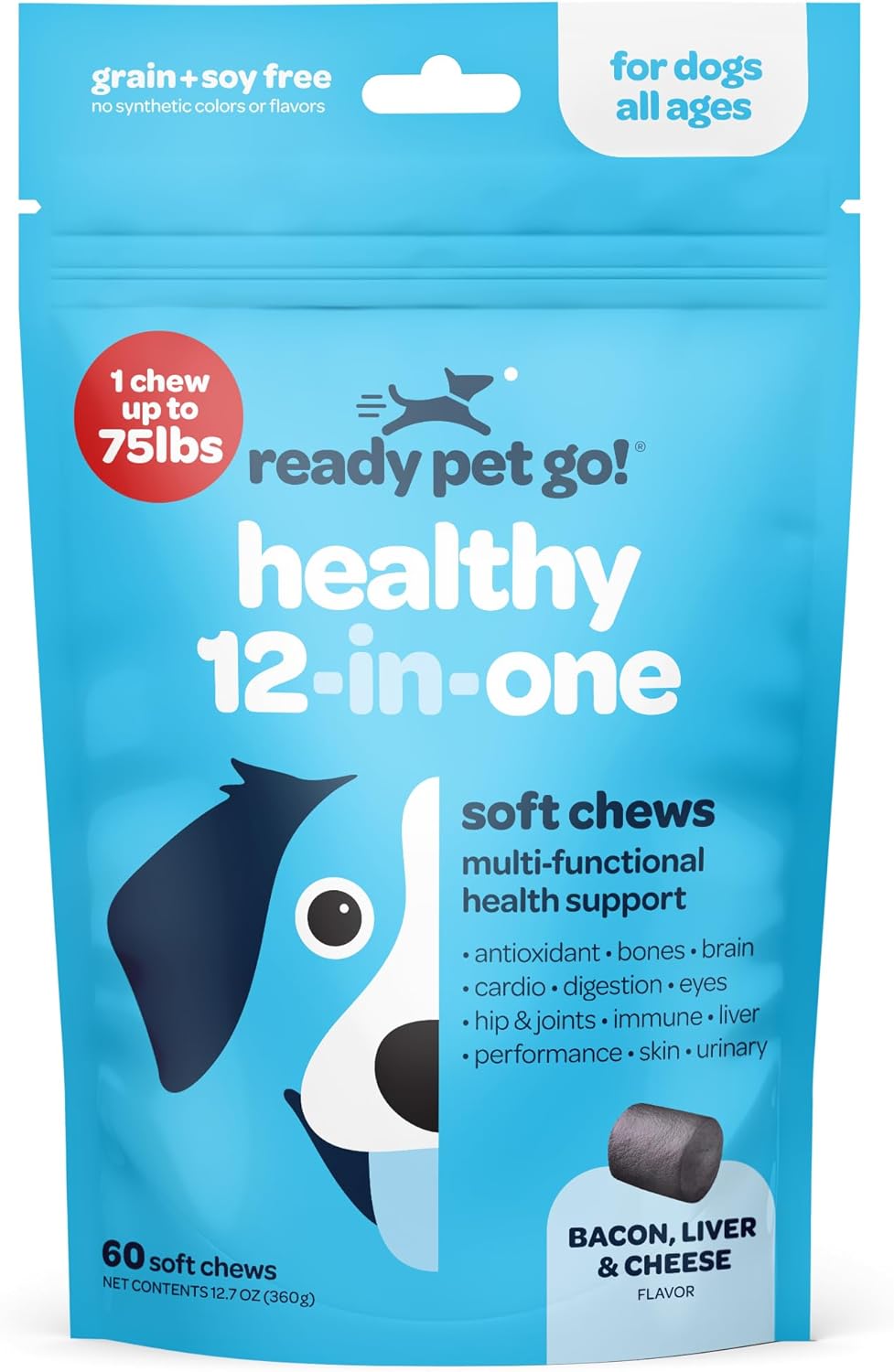 Ready Pet Go! 12-in-1 Dog Multivitamin Chewable with Glucosamine, Probiotics | NASC Certified, Made in USA | 60 Chews