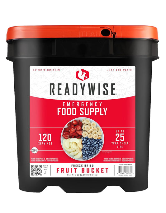 ReadyWise Fruit Bucket Emergency Food Supply - 120 Servings, MRE, Premade, Freeze Dried Survival Food for Hiking, Adventure & Camping - Individually Packaged with 20 Year Shelf Life