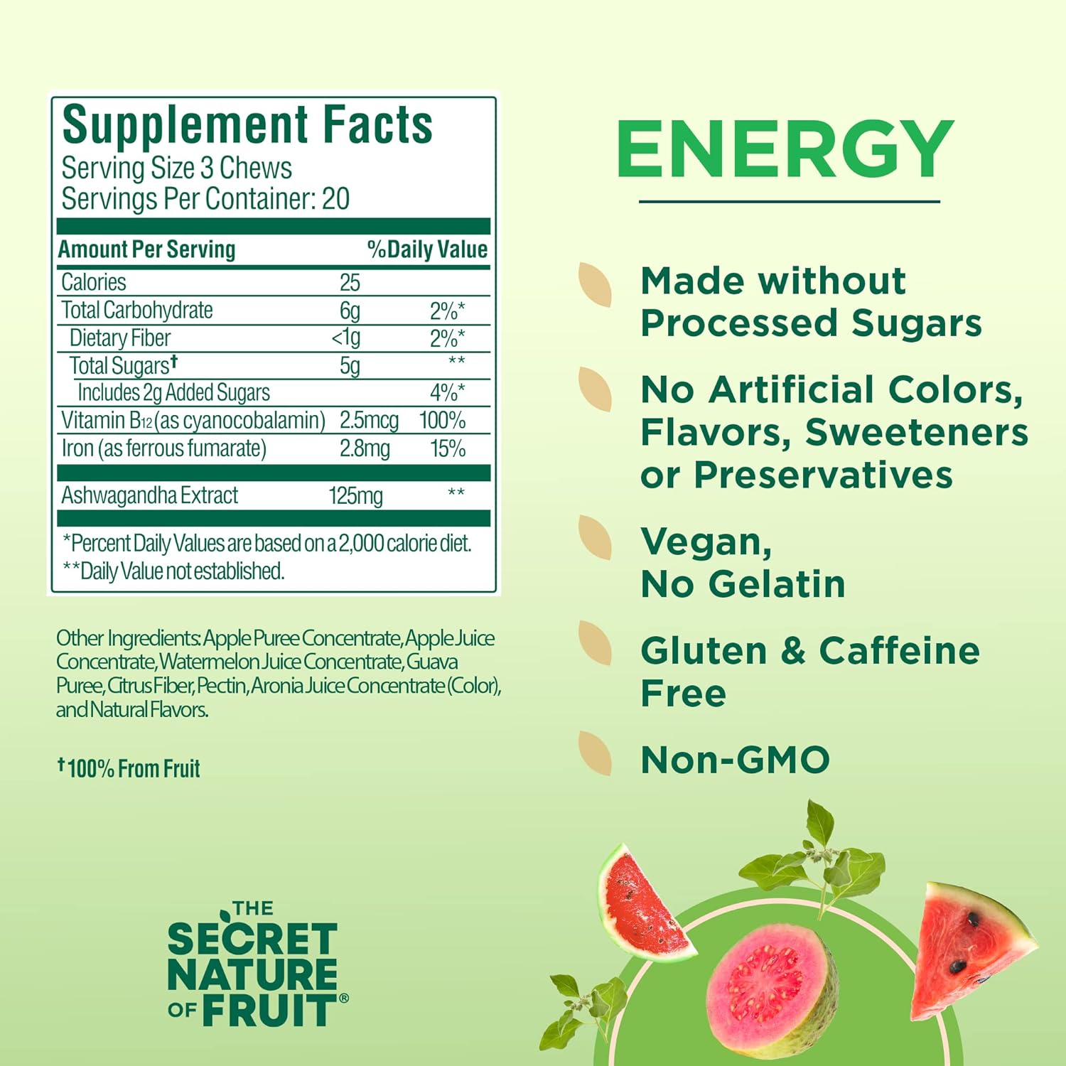 Real Fruit Energy Chews with Vitamin B12, Iron, Ashwagandha, Watermelon & Guava (60 Count) - Long Lasting Energy Boost