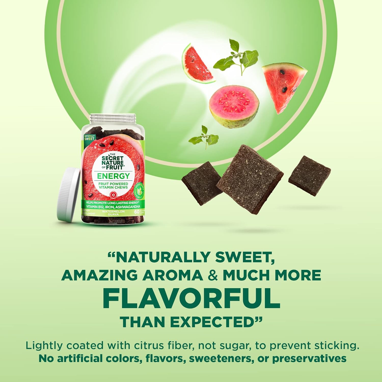Real Fruit Energy Chews with Vitamin B12, Iron, Ashwagandha, Watermelon & Guava (60 Count) - Long Lasting Energy Boost