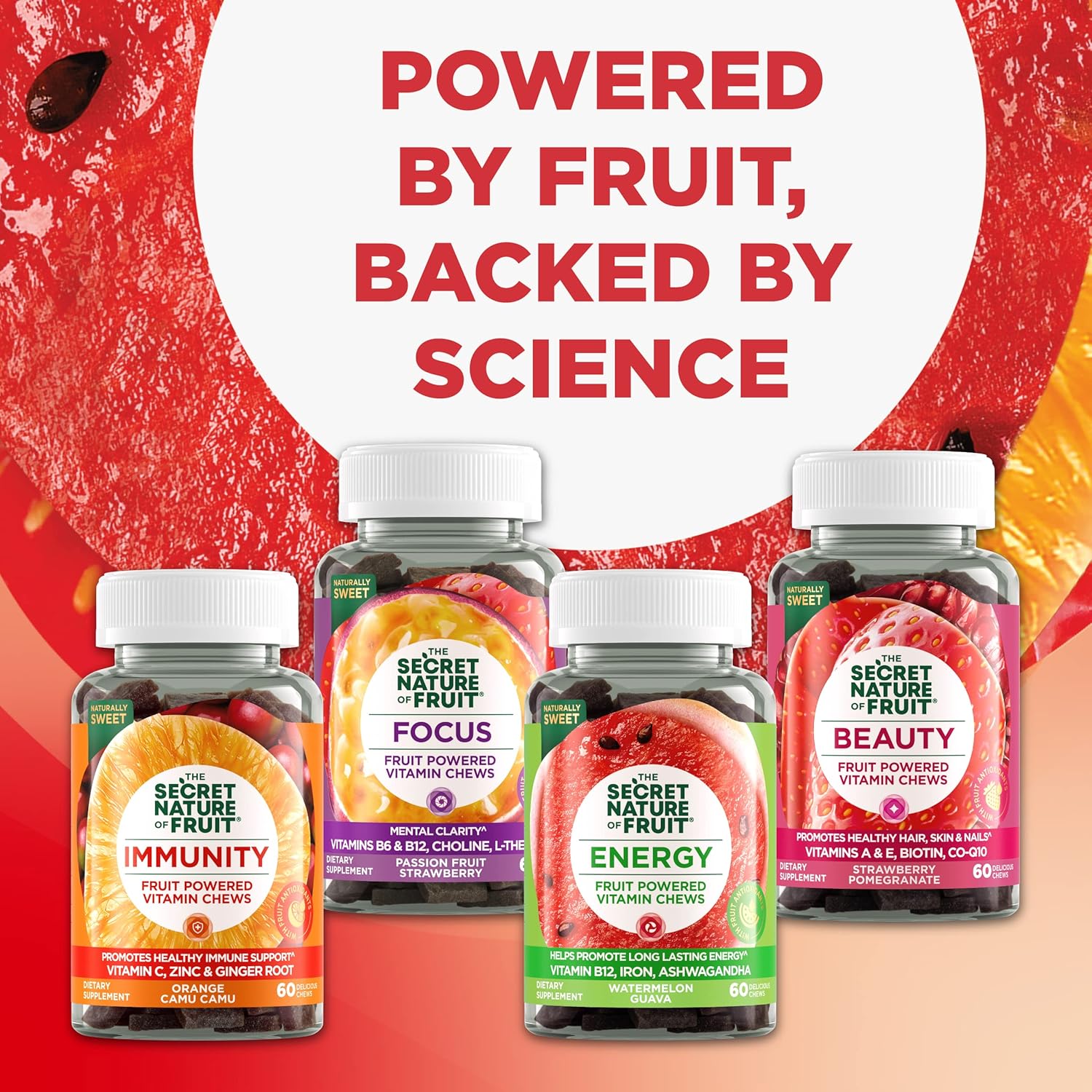 Real Fruit Energy Chews with Vitamin B12, Iron, Ashwagandha, Watermelon & Guava (60 Count) - Long Lasting Energy Boost
