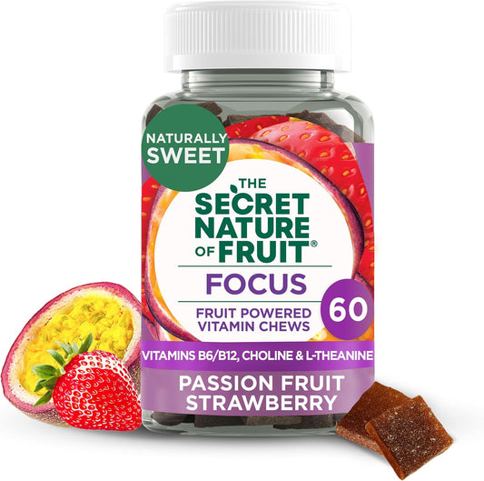 Real Fruit Powered Vitamin Chews with B6, B12, Choline, L-Theanine for Mental Clarity - Passion Fruit & Strawberry Gummy (60 Count)