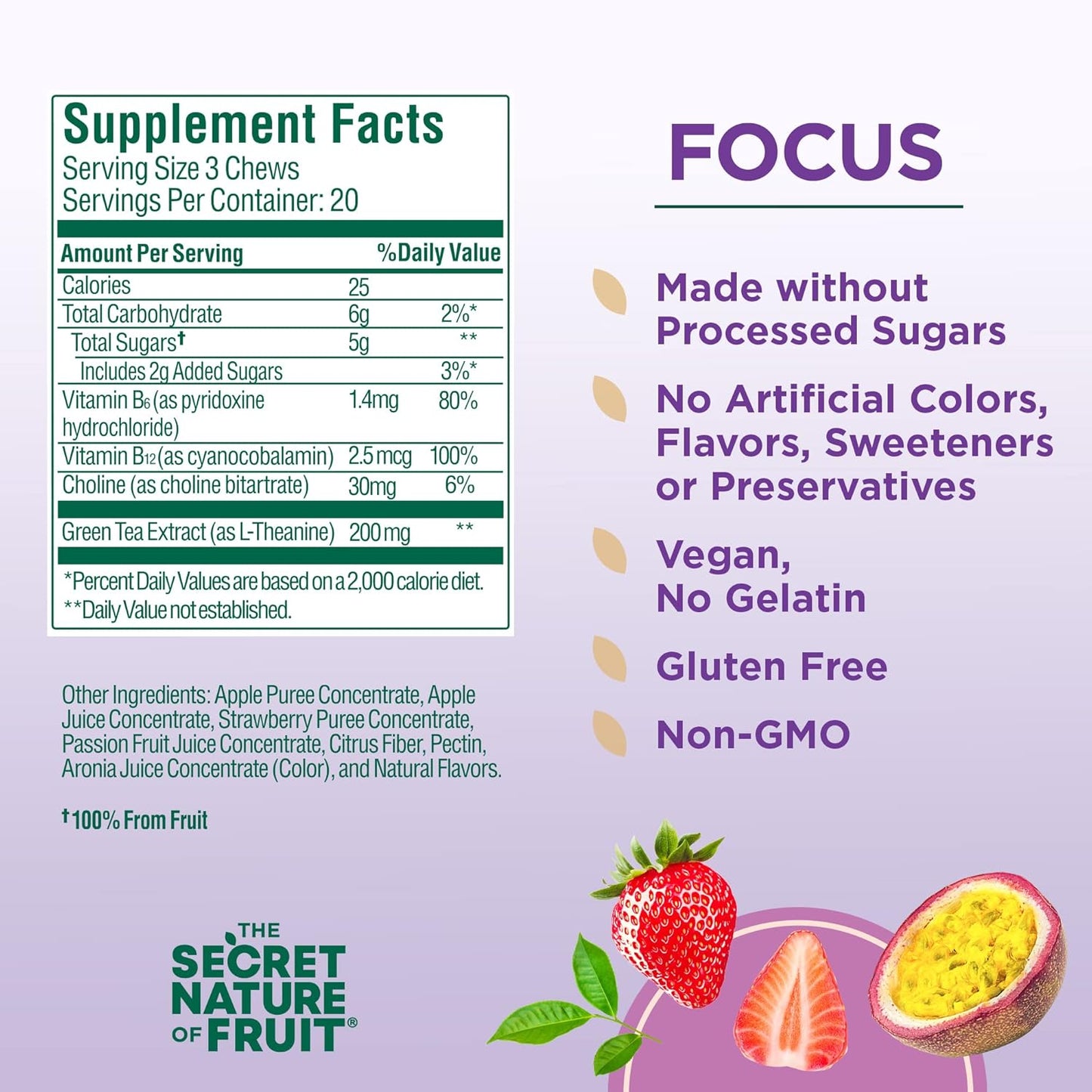 Real Fruit Powered Vitamin Chews with B6, B12, Choline, L-Theanine for Mental Clarity - Passion Fruit & Strawberry Gummy (60 Count)