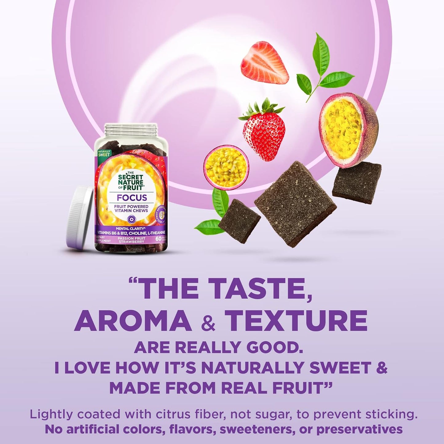 Real Fruit Powered Vitamin Chews with B6, B12, Choline, L-Theanine for Mental Clarity - Passion Fruit & Strawberry Gummy (60 Count)