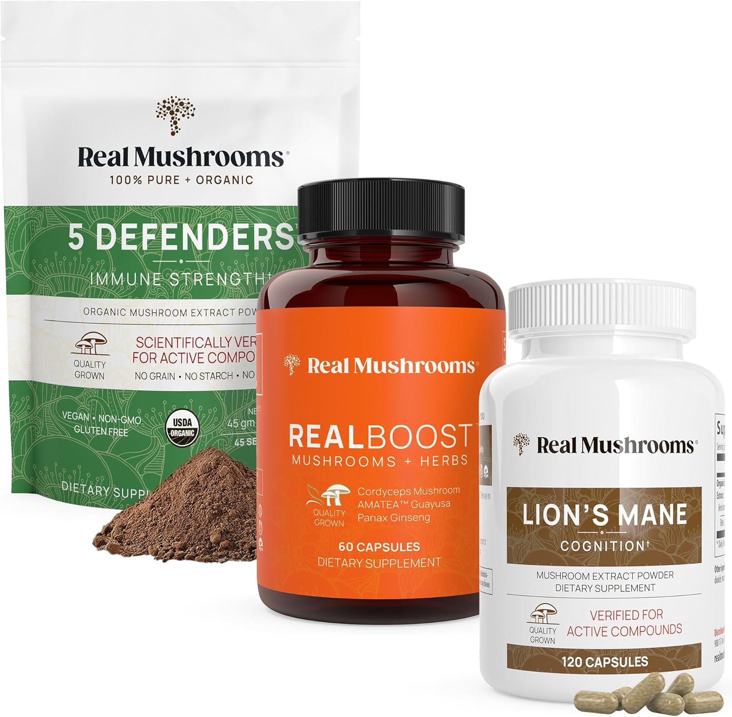 Real Mushrooms Capsules Bundle for Energy, Vitality, Cognition & Immune Strength - Includes Lions Mane and 5 Defenders - Vegan & Non-GMO - 60ct, 120ct, 90ct