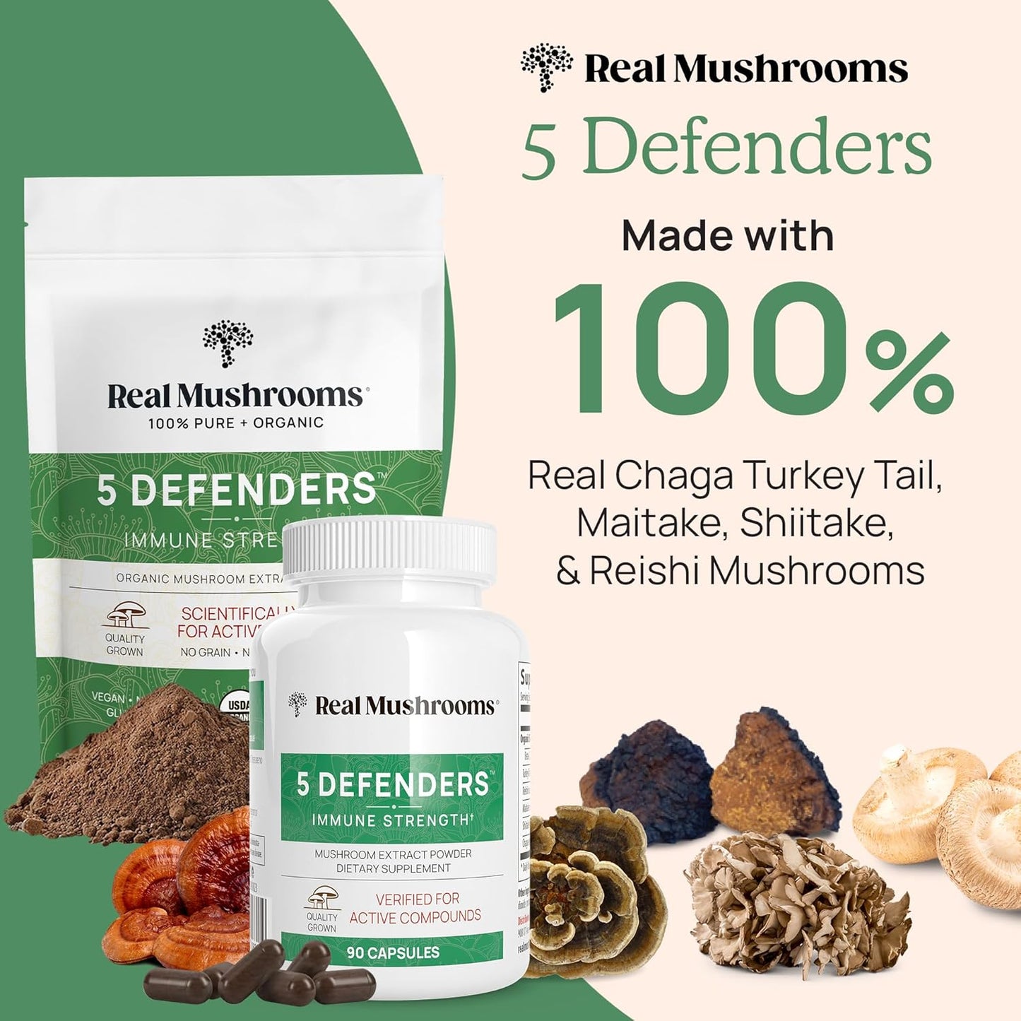 Real Mushrooms Capsules Bundle for Energy, Vitality, Cognition & Immune Strength - Includes Lions Mane and 5 Defenders - Vegan & Non-GMO - 60ct, 120ct, 90ct