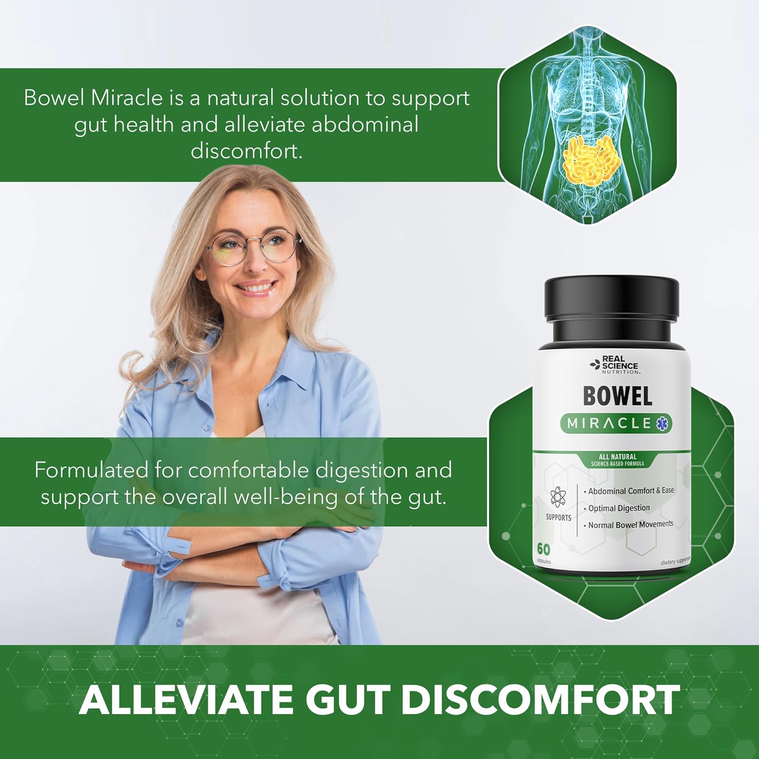 Real Science Nutrition Bowel Miracle: Natural Solution for Gut Health, Abdominal Discomfort, IBS Relief