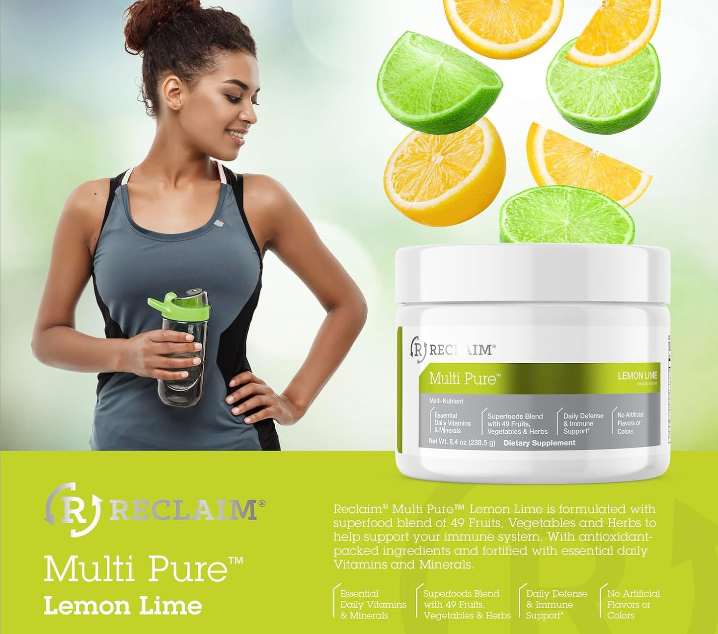 Reclaim Multi Pure Lemon Lime Superfood Powder with Immune Support (30 Servings)