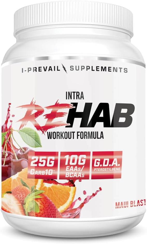 Recover & Hydrate with I-Prevail Supplements Rehab High Performance Intraworkout Formula - 10g BCAA & EAA, Carb10, Keto Friendly - Maui Blast Flavor - 25 Servings