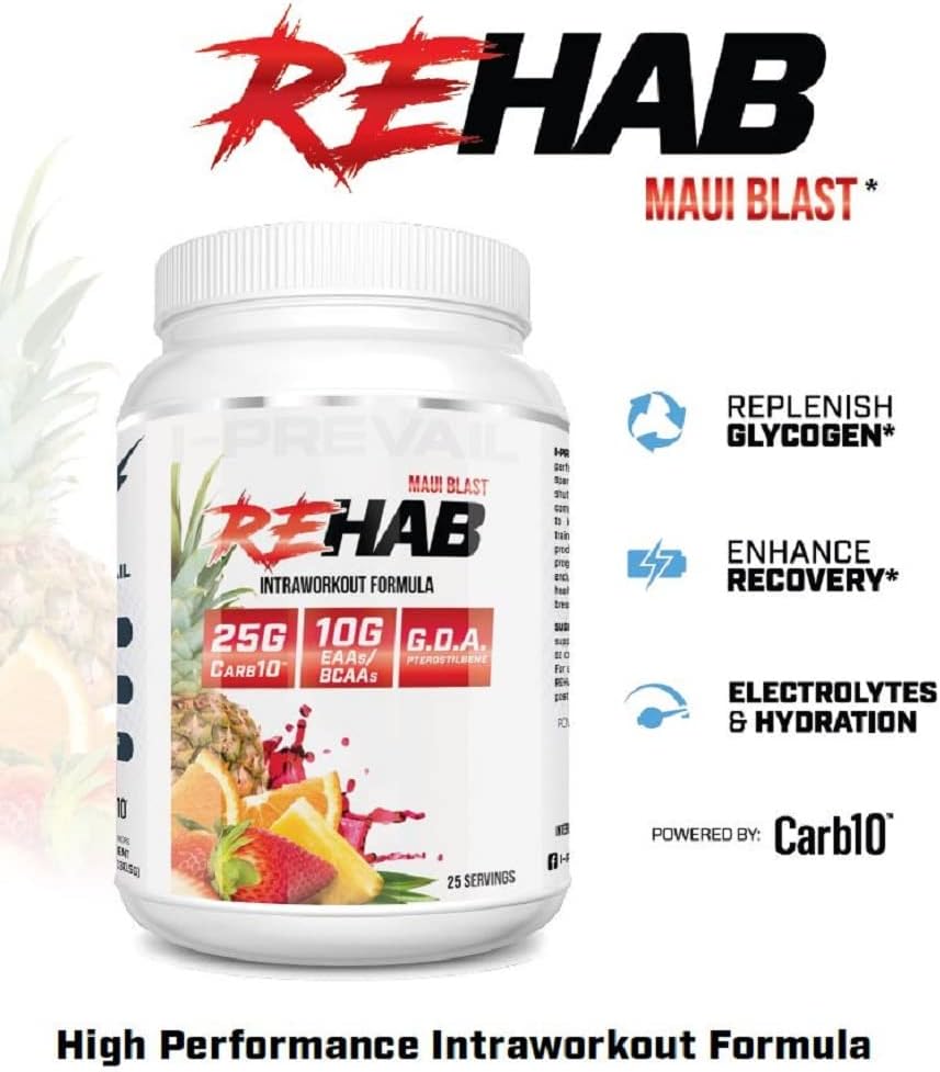 Recover & Hydrate with I-Prevail Supplements Rehab High Performance Intraworkout Formula - 10g BCAA & EAA, Carb10, Keto Friendly - Maui Blast Flavor - 25 Servings