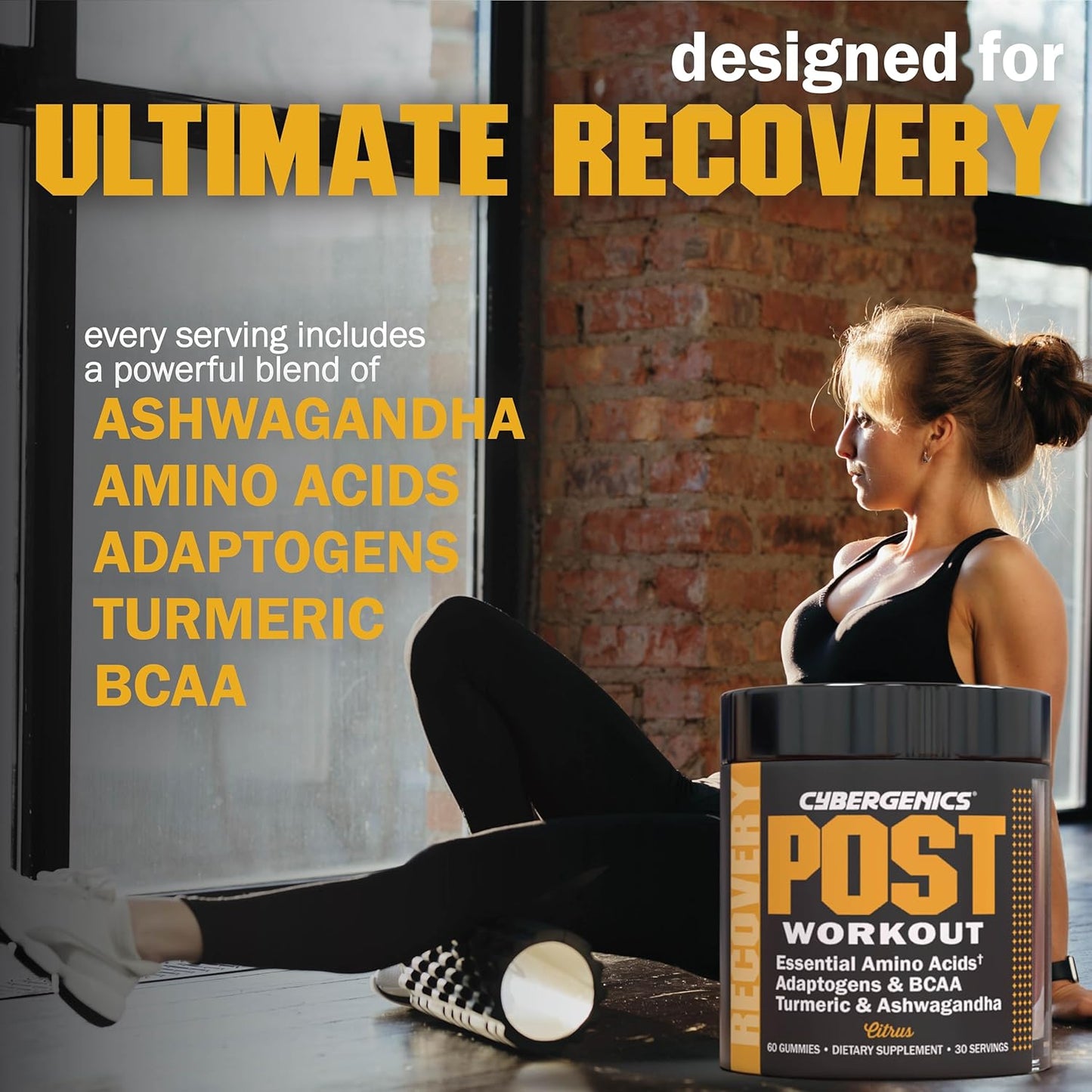 Recovery Accelerator Gummies with Essential Amino Acids, Ashwagandha, Curcumin, BCAAs - Citrus Flavor, 60 Gummies
