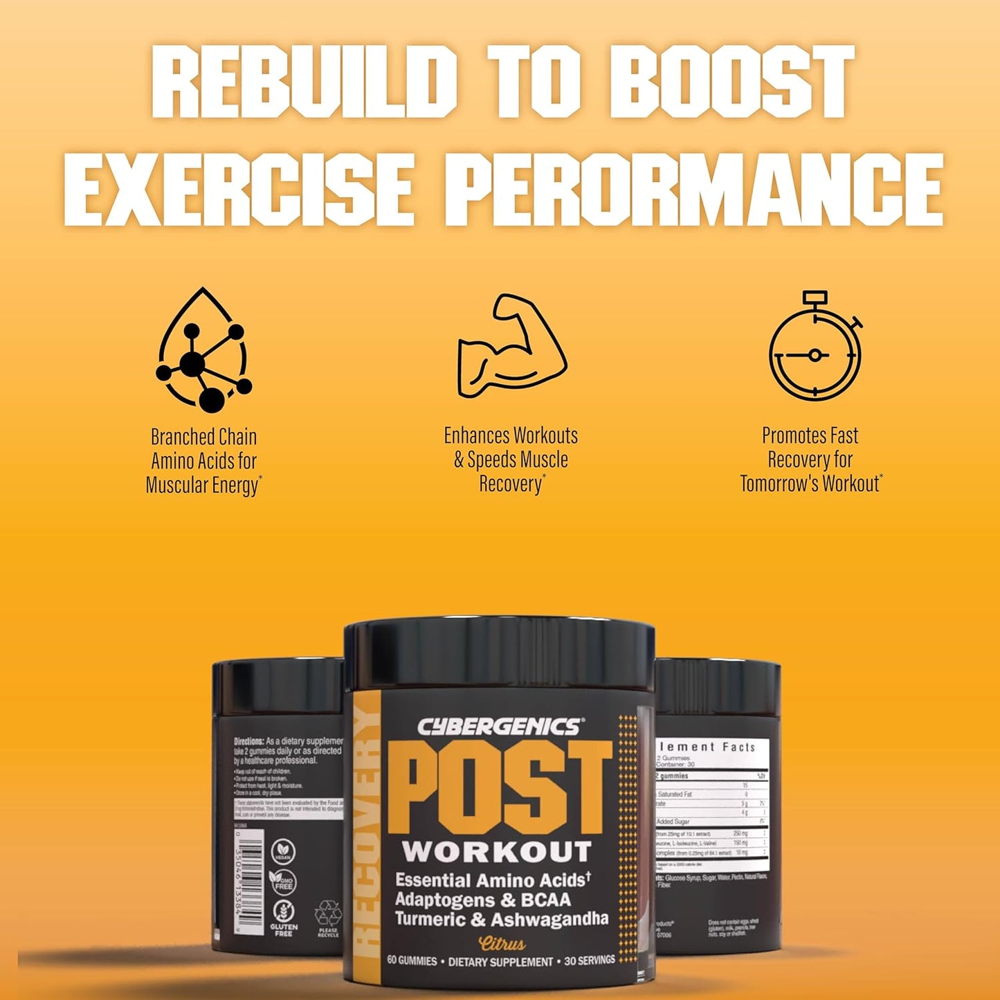 Recovery Accelerator Gummies with Essential Amino Acids, Ashwagandha, Curcumin, BCAAs - Citrus Flavor, 60 Gummies