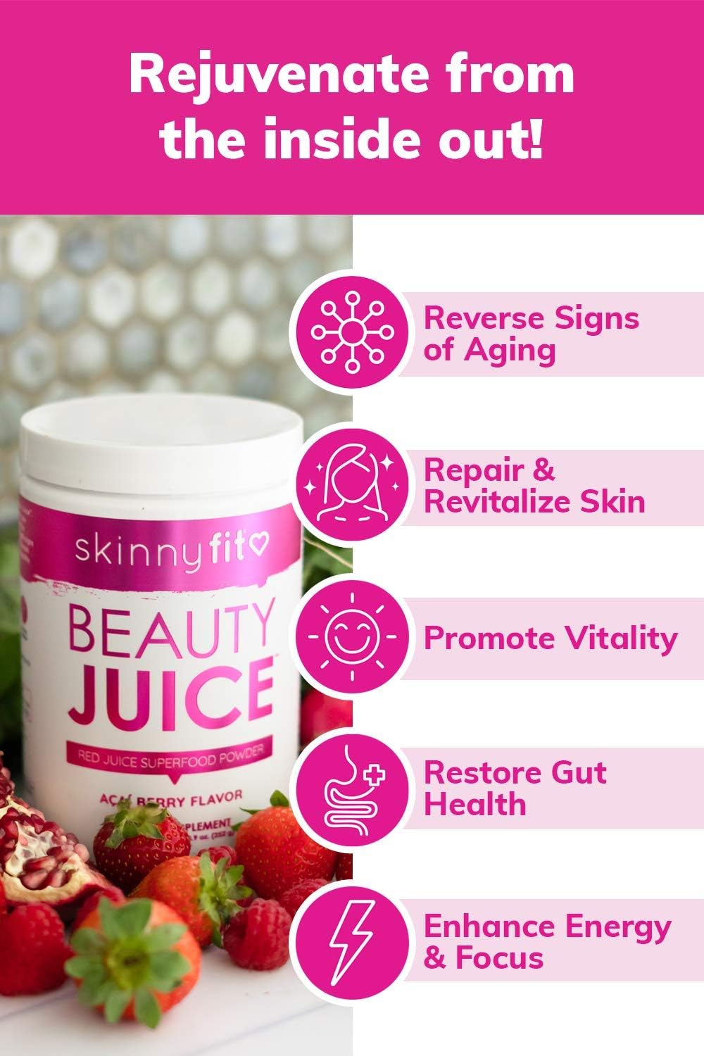 Red Acai Berry Beauty Juice Powder - Anti-Aging, Immunity Boost, Digestive Aid - Pre & Probiotics - 30 Servings