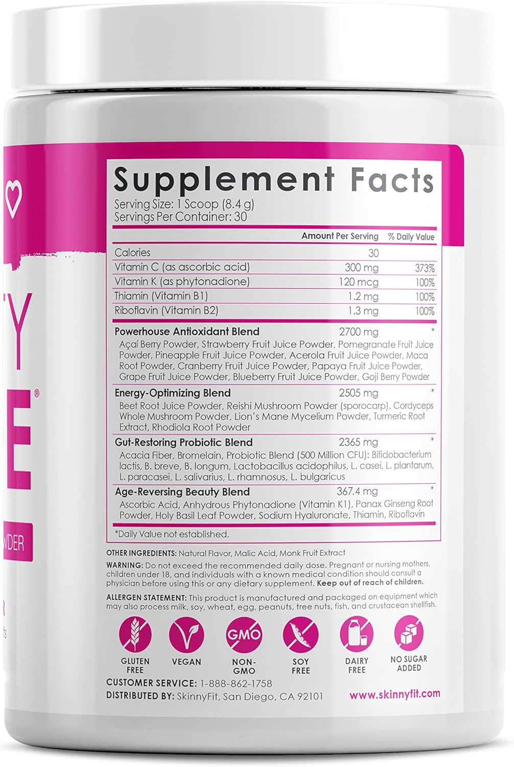 Red Acai Berry Beauty Juice Powder - Anti-Aging, Immunity Boost, Digestive Aid - Pre & Probiotics - 30 Servings