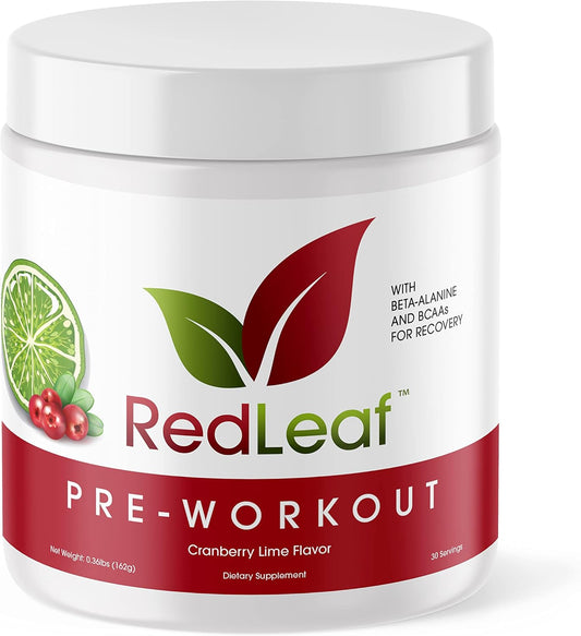Red Leaf Pre Workout Energizer Powder: BCAA's, Beta-Alanine, Amino Acids, Green Tea - Natural Cranberry Lime Flavor, 30 Servings