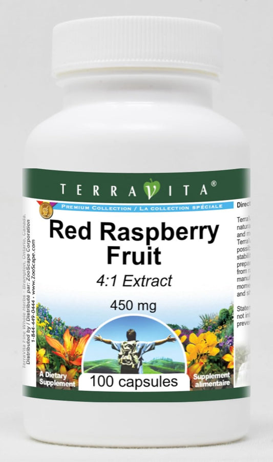Red Raspberry Fruit Extract Capsules - 450mg (100 Capsules) | Terravita 4:1 Concentration | Antioxidant Support