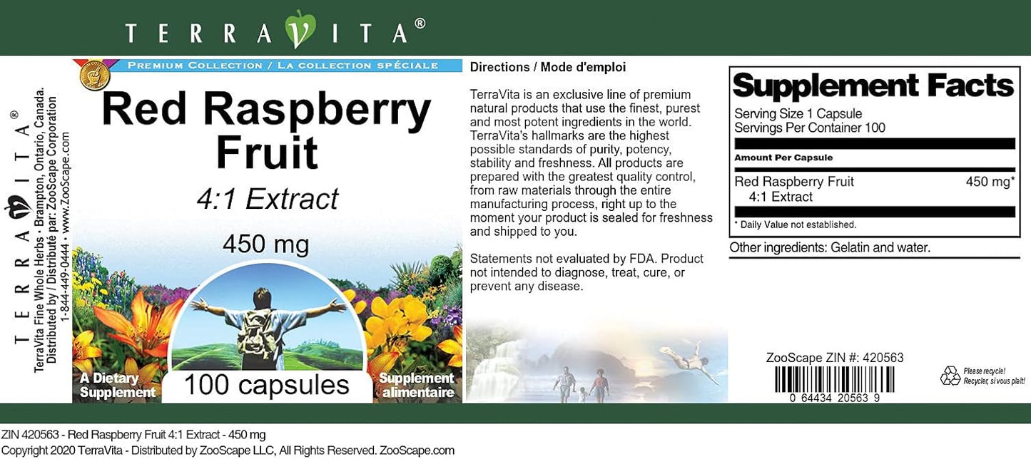Red Raspberry Fruit Extract Capsules - 450mg (100 Capsules) | Terravita 4:1 Concentration | Antioxidant Support