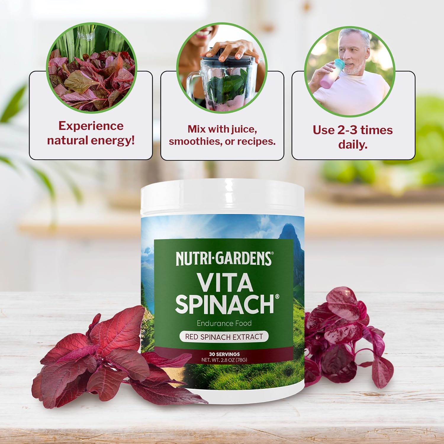 Red Spinach Extract Powder - Nitric Oxide Booster for Blood Pressure, Energy & Endurance - Natural Superfood Supplement for Pre Workout Performance - 30 Servings