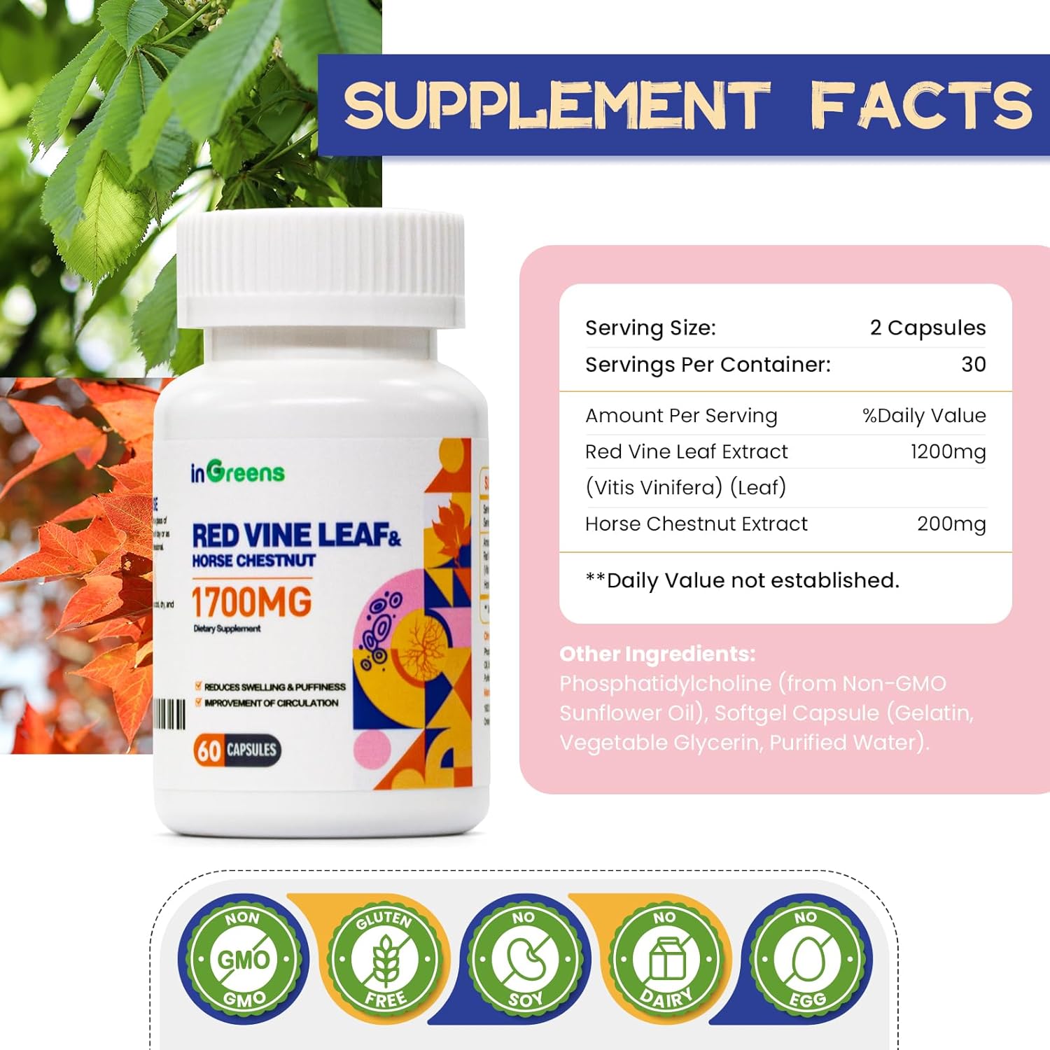 Red Vine Leaf & Horse Chestnut Extract Supplements for Vein & Skin Health - 1700mg - Circulation Support for Legs - 1 Pack