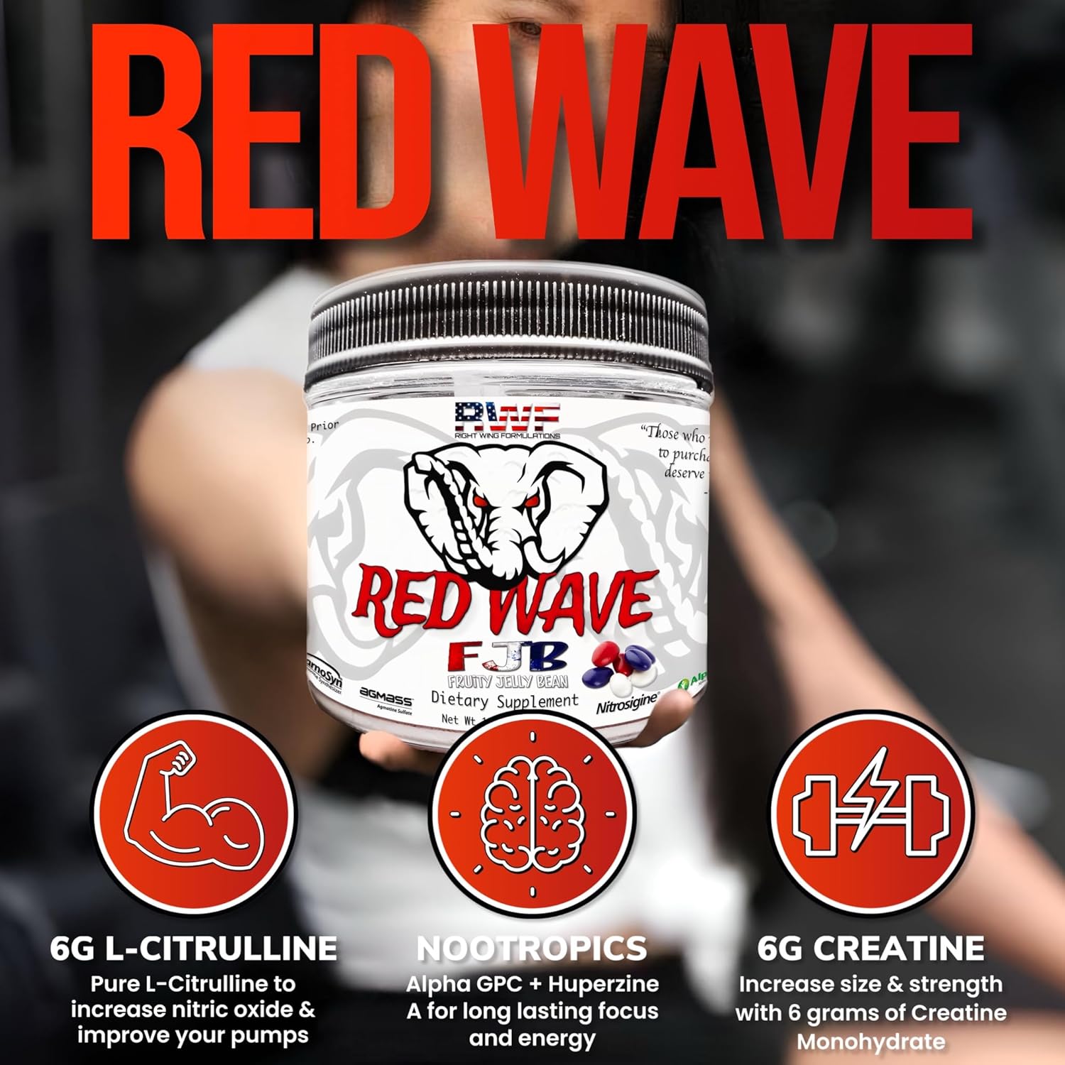 Red Wave Pre Workout Powder with Creatine - Fully Dosed Supplement for Men & Women, Citrulline, Beta-Alanine, 300mg Caffeine, Nootropics, Long Lasting Energy - 540g