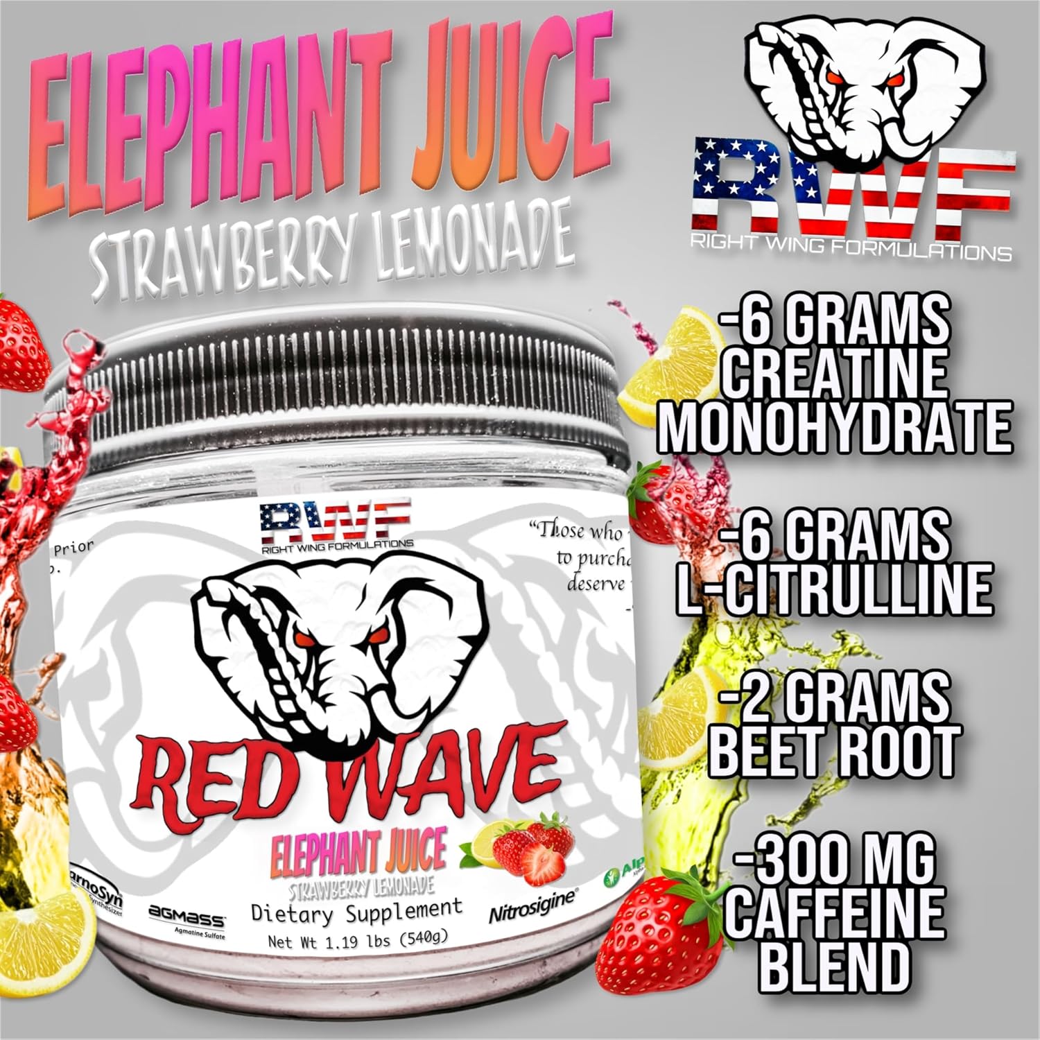 Red Wave Pre Workout Powder with Creatine - Fully Dosed Supplement for Men & Women, Citrulline, Beta-Alanine, 300mg Caffeine, Nootropics, Long Lasting Energy - 540g